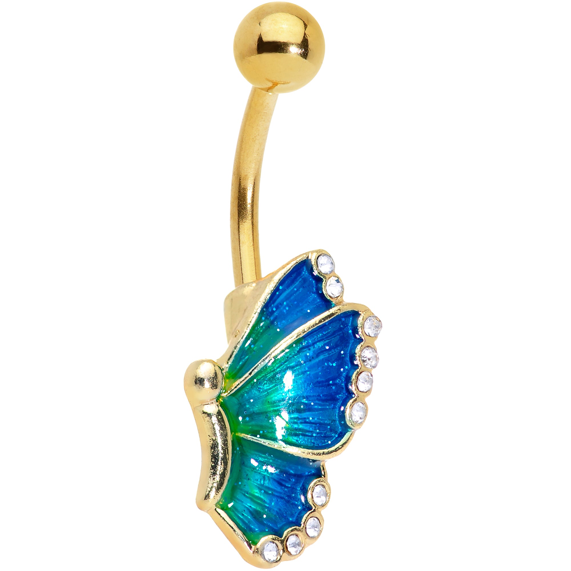 Clear Gem Gold Tone Beautiful Butterfly In Blue Belly Ring