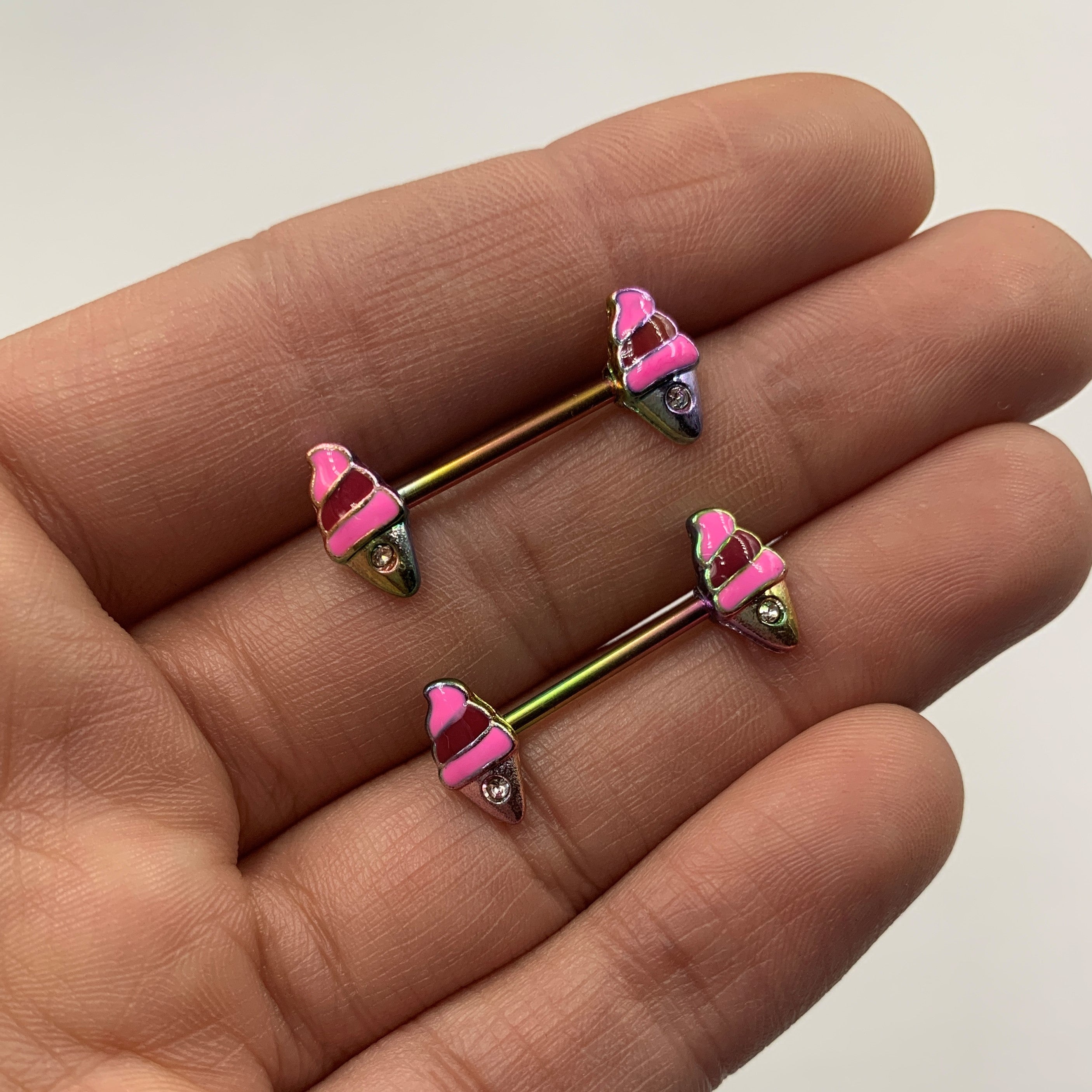 14G 9/16 Clear Gem Rainbow Ice Cream Cone Barbell Nipple Ring Set
