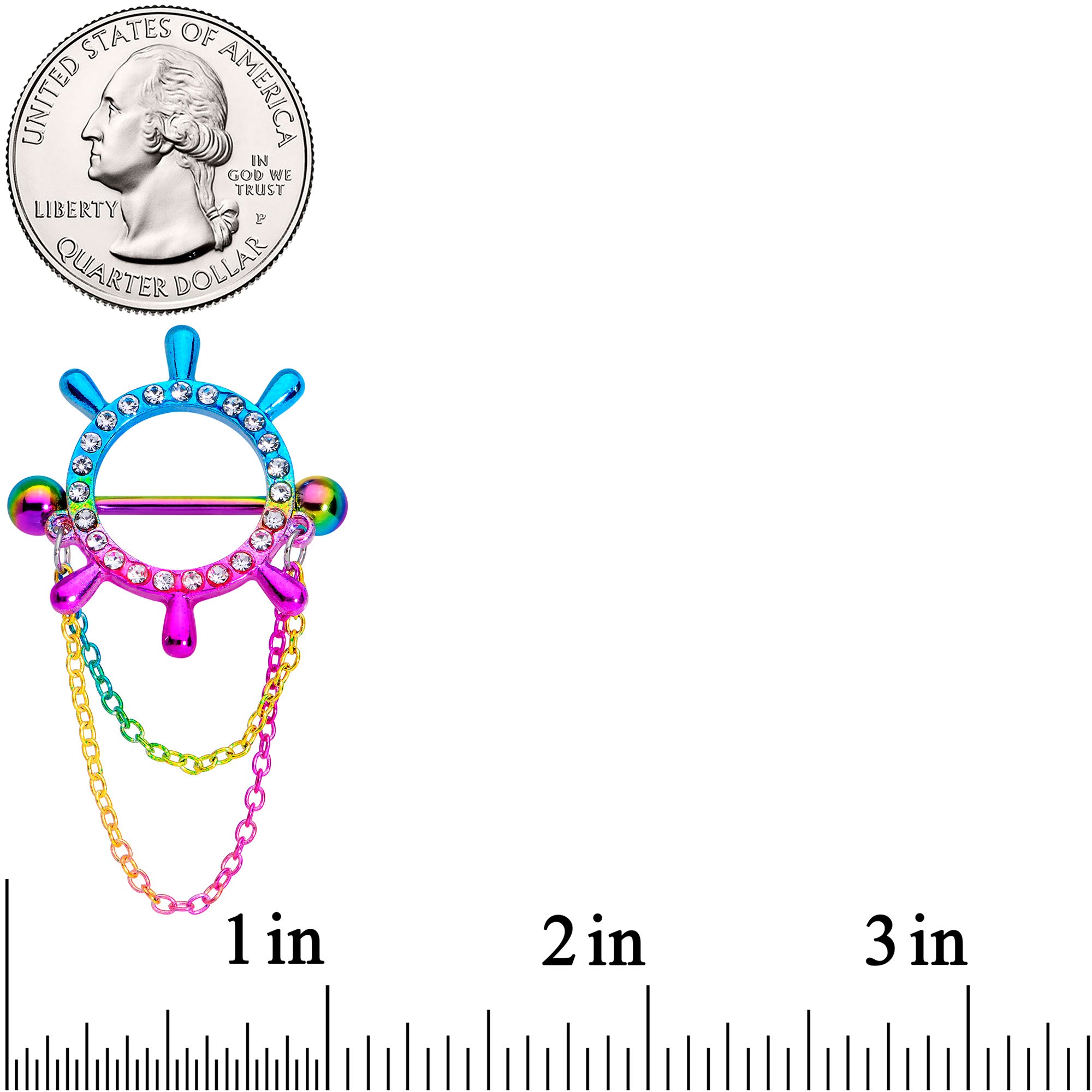 14G 9/16 Clear Gem Rainbow Ships Wheel Chain Dangle Nipple Shield Set