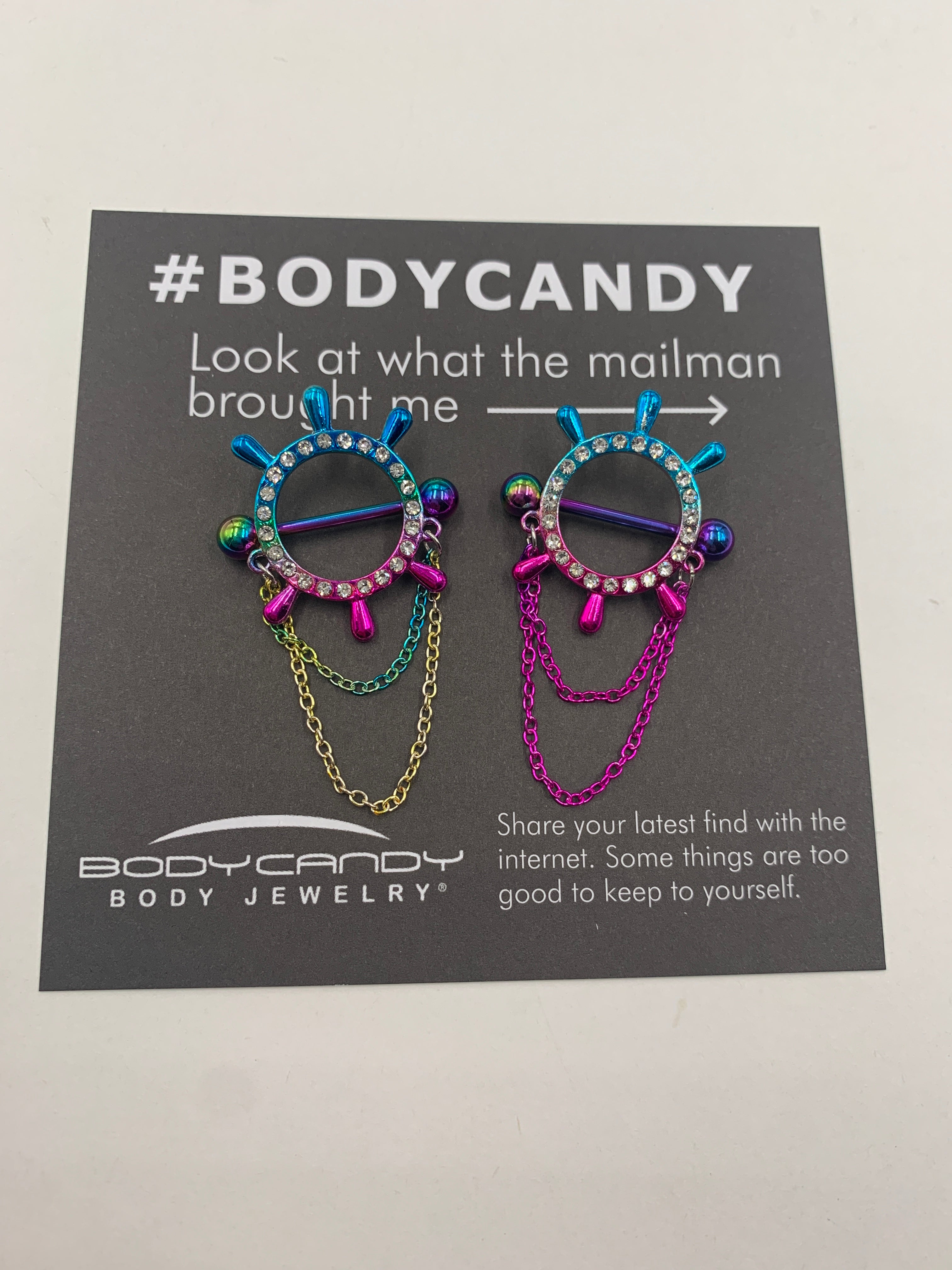 14G 9/16 Clear Gem Rainbow Ships Wheel Chain Dangle Nipple Shield Set