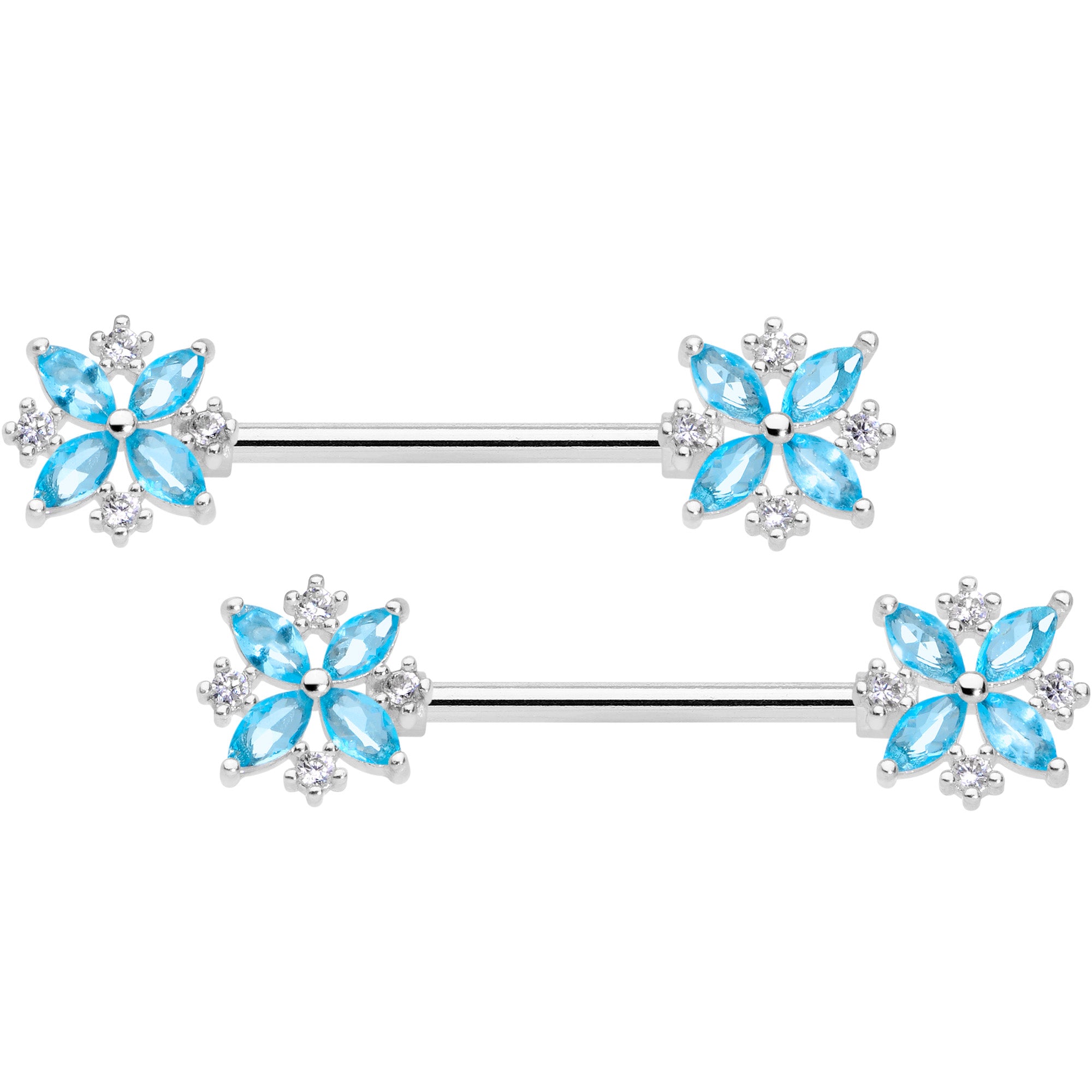 14G 5/8 Aqua CZ Gem Star Burst Barbell Nipple Ring Set
