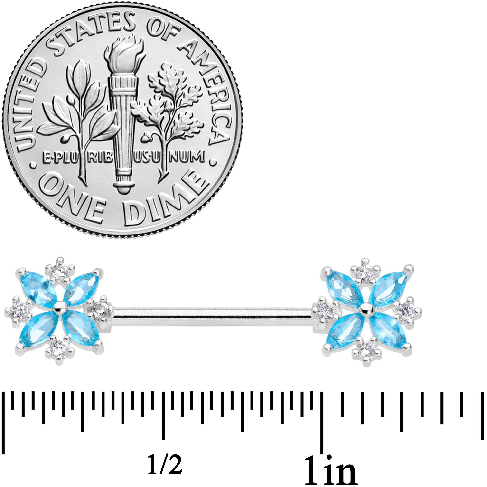 14G 5/8 Aqua CZ Gem Star Burst Barbell Nipple Ring Set