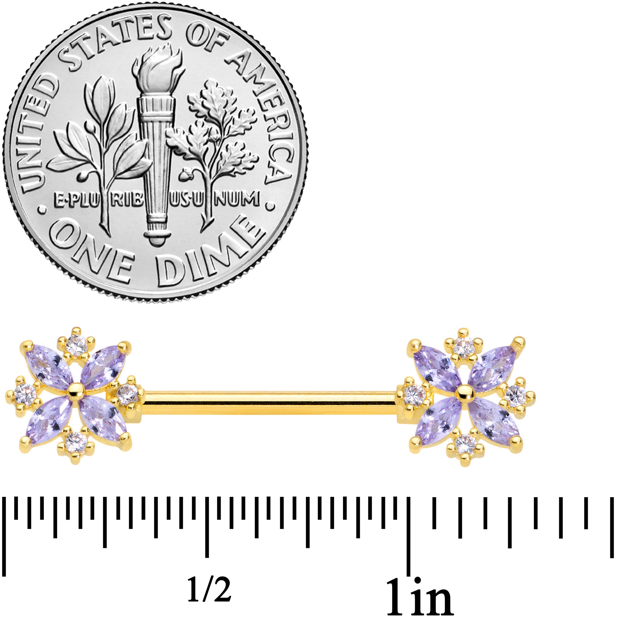 14G 5/8 Purple CZ Gem Gold Tone Star Burst Nipple Ring Set