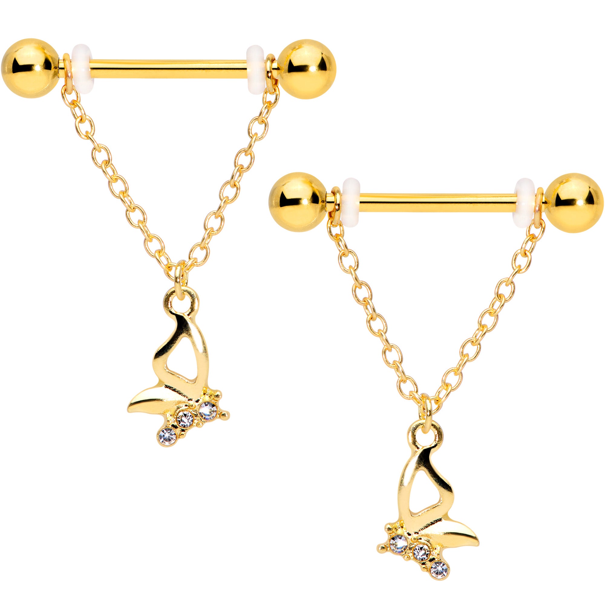 14G 5/8 Clear Gem Gold Tone Butterfly Dangle Nipple Ring Set