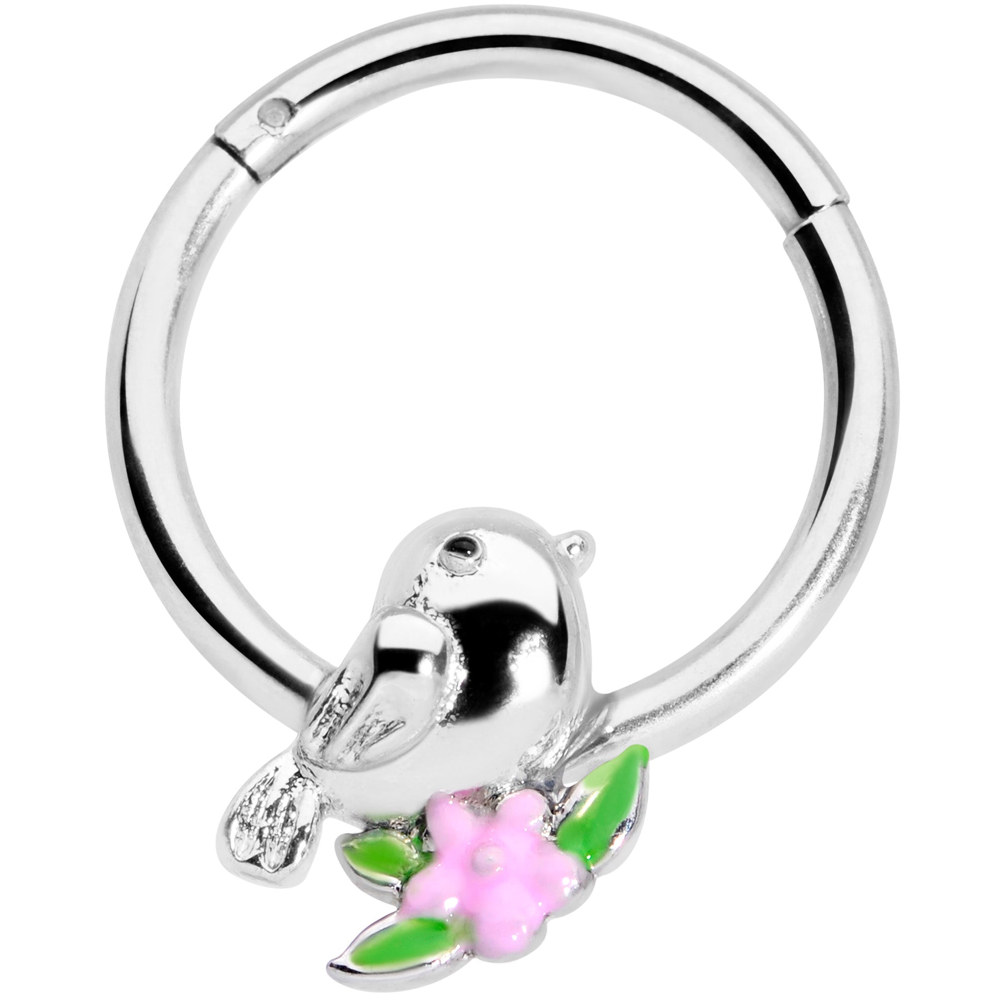 16G 3/8 Bird Pink Flower Hinged Segment Ring