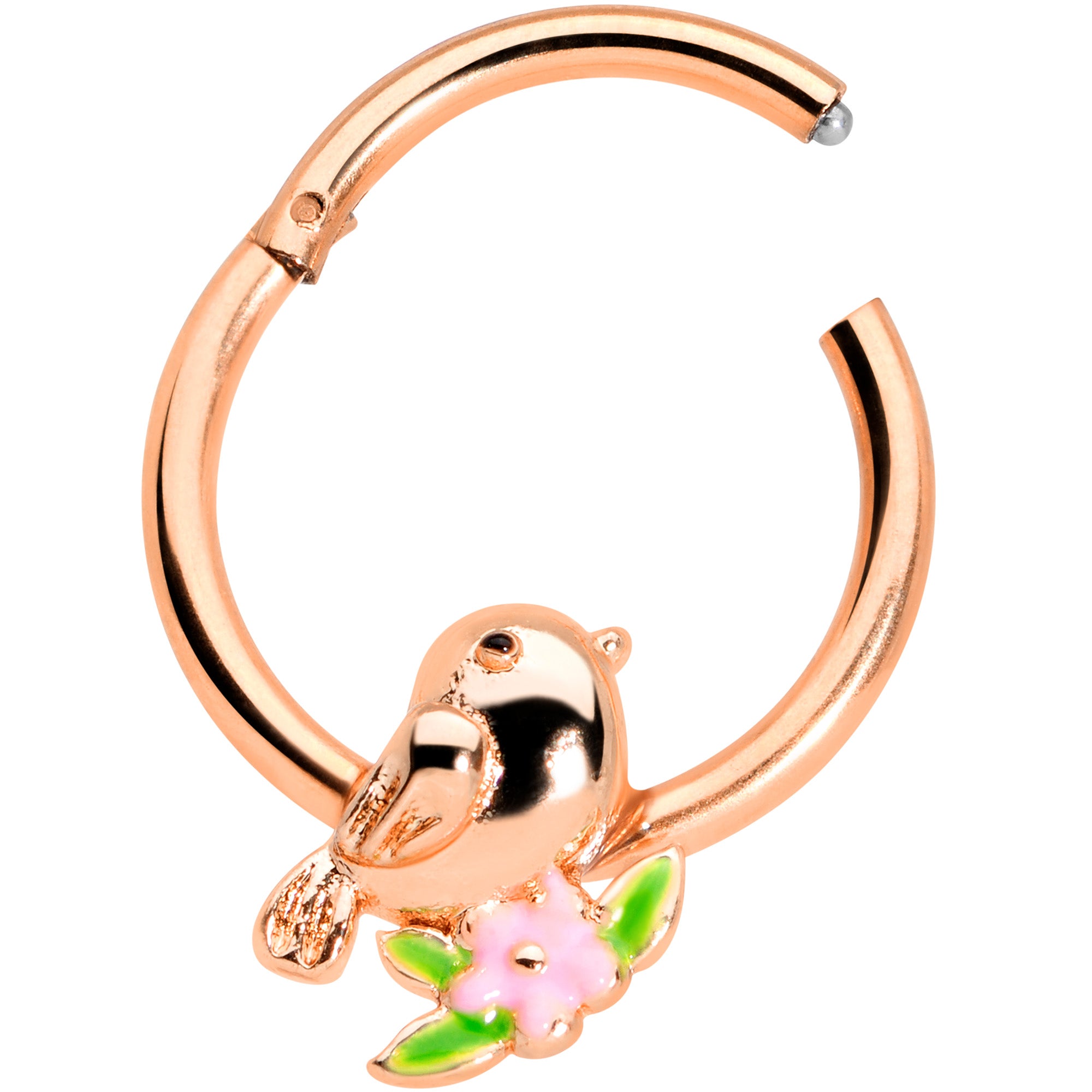 16G 3/8 Rose Gold Tone Bird Pink Flower Hinged Segment Ring