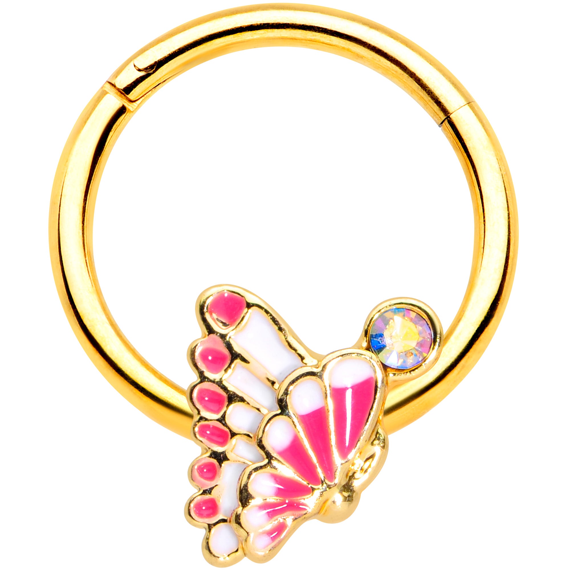 16G 3/8 Aurora Gem Gold Tone Butterfly Hinged Segment Ring