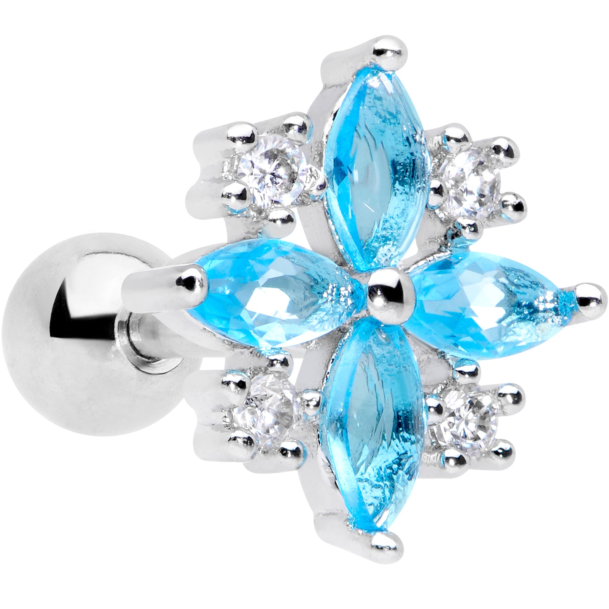 16G 1/4 Clear Aqua CZ Gem Star Burst Cartilage Tragus