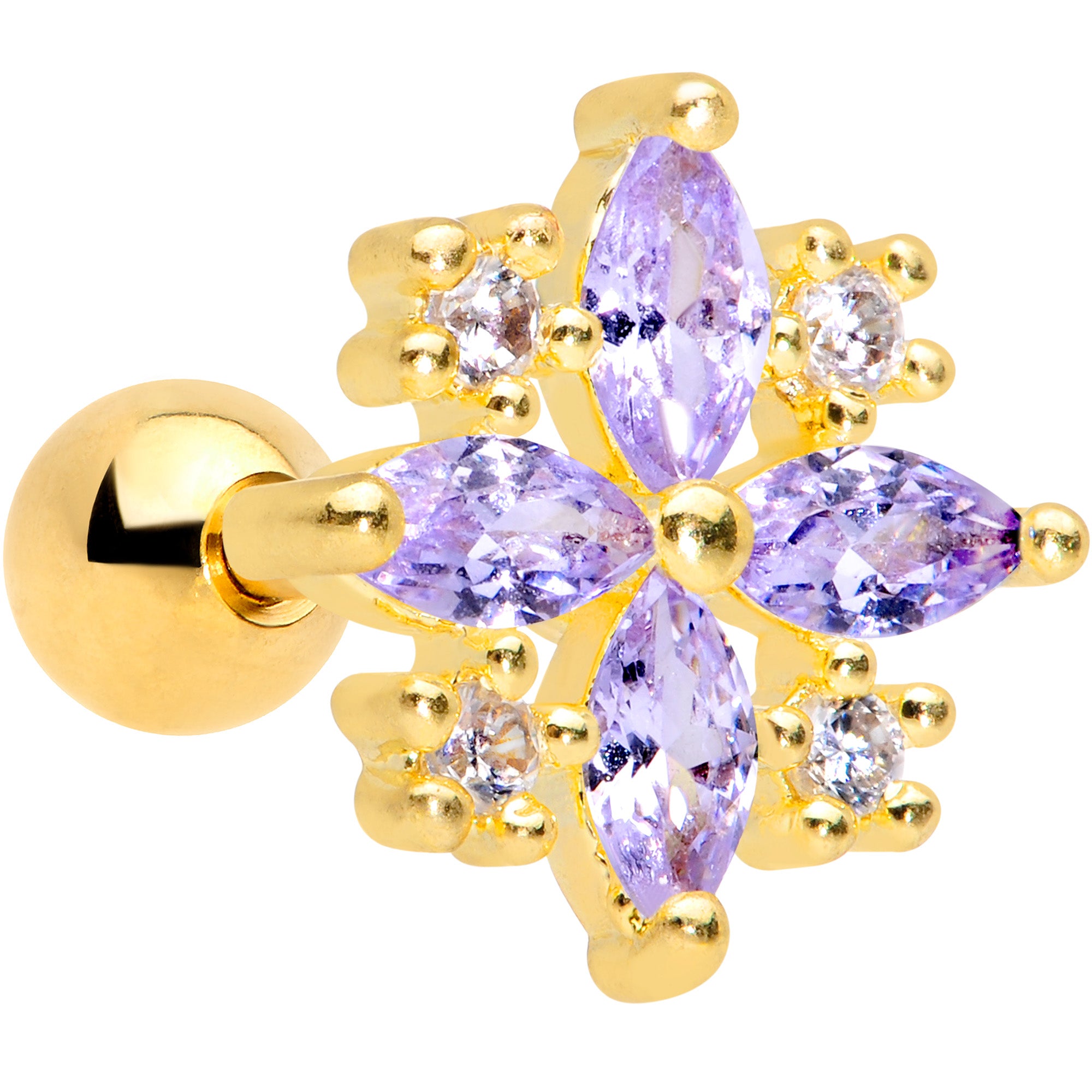 16G 1/4 Clear Purple CZ Gem Gold Tone Star Burst Cartilage Tragus