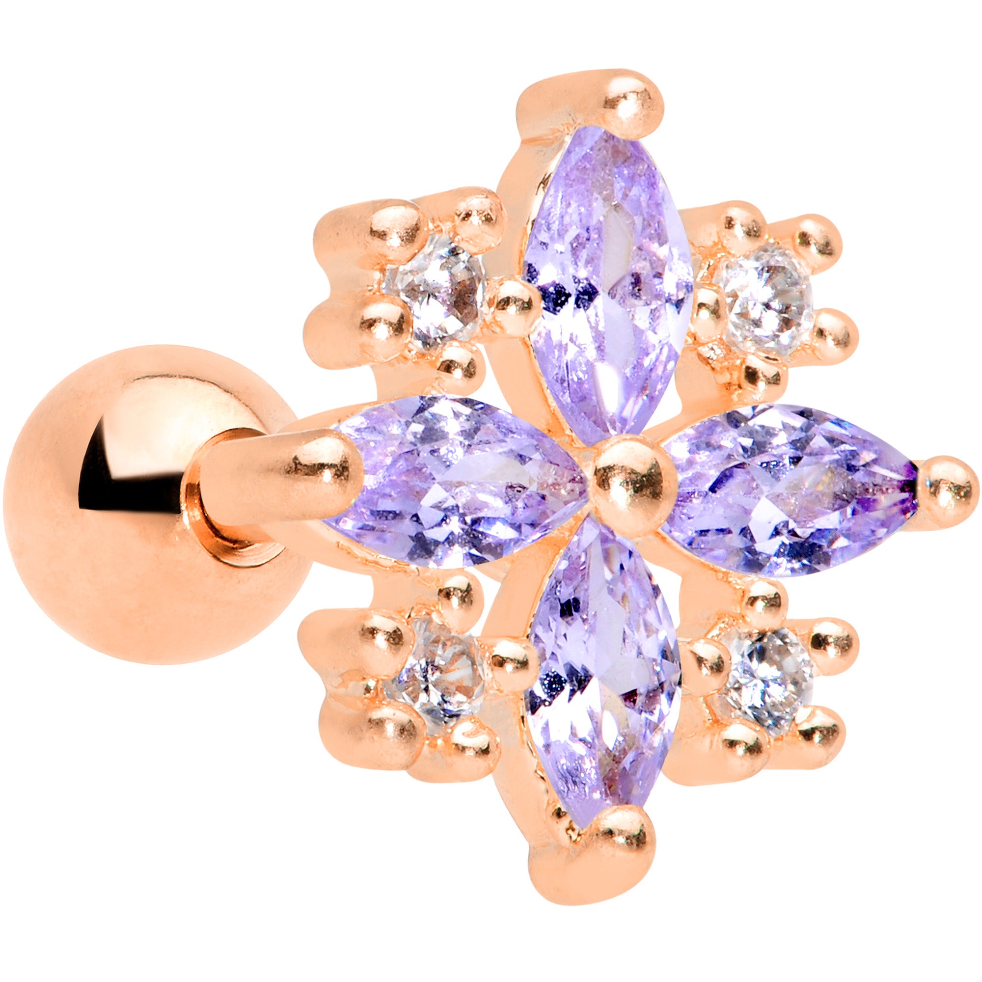16G 1/4 Purple CZ Gem Rose Gold Tone Star Burst Cartilage Tragus