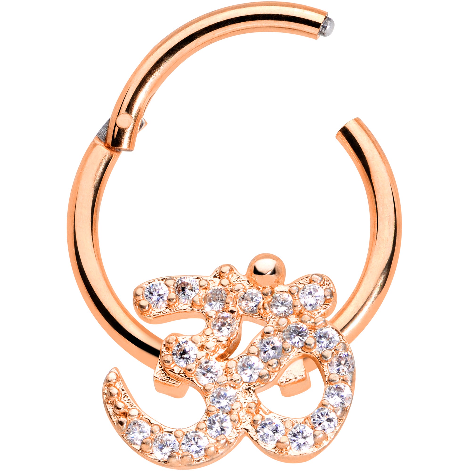 16G 3/8 Clear CZ Gem Rose Gold Tone Om Hinged Segment Ring