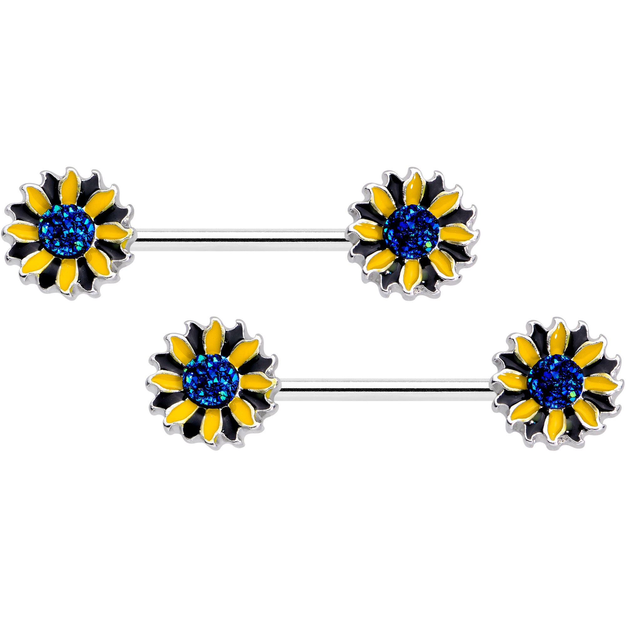 14 Gauge 5/8 Blue Faux Druzy Yellow Sunflower Barbell Nipple Ring Set