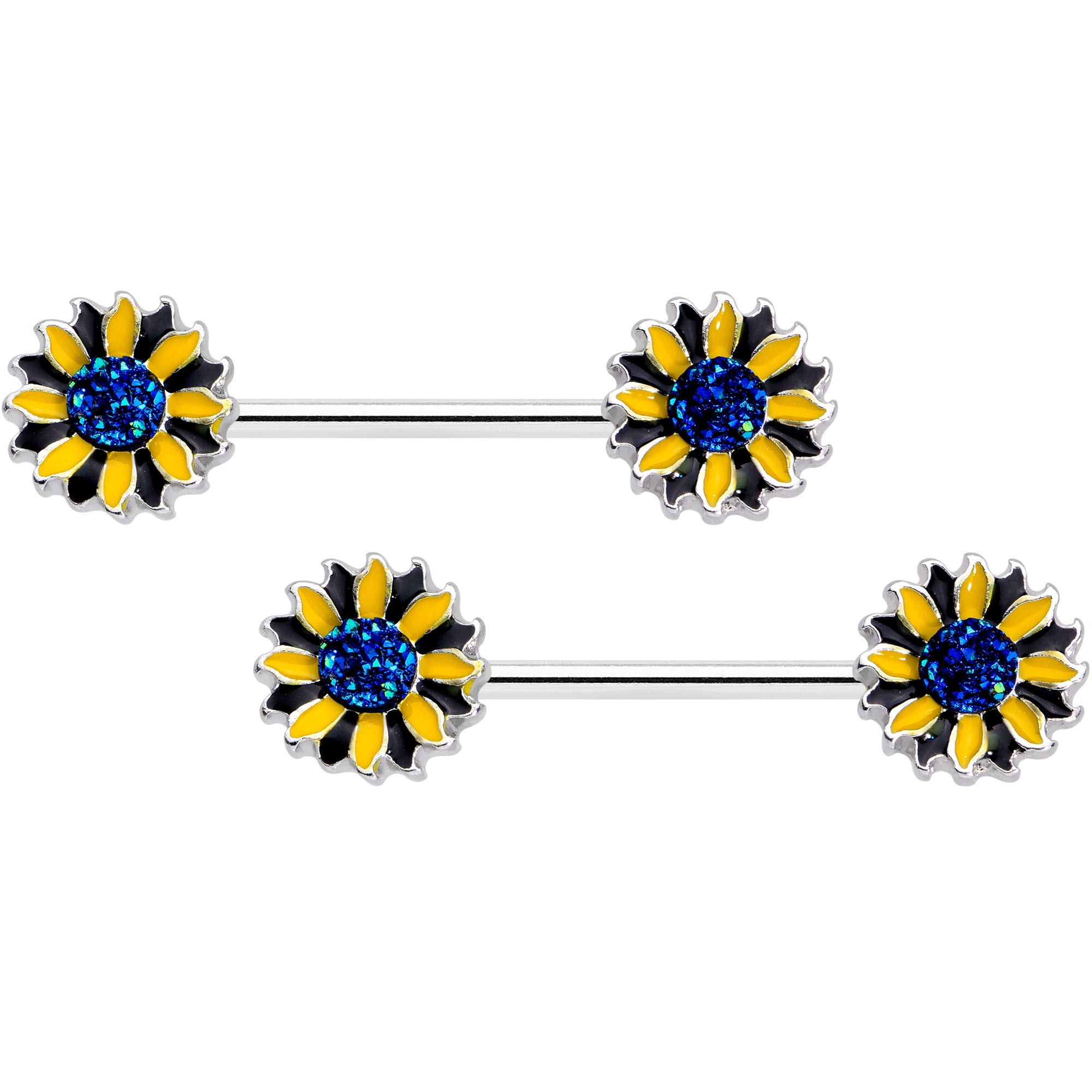 14G 5/8 Blue Faux Druzy Yellow Sunflower Barbell Nipple Ring Set