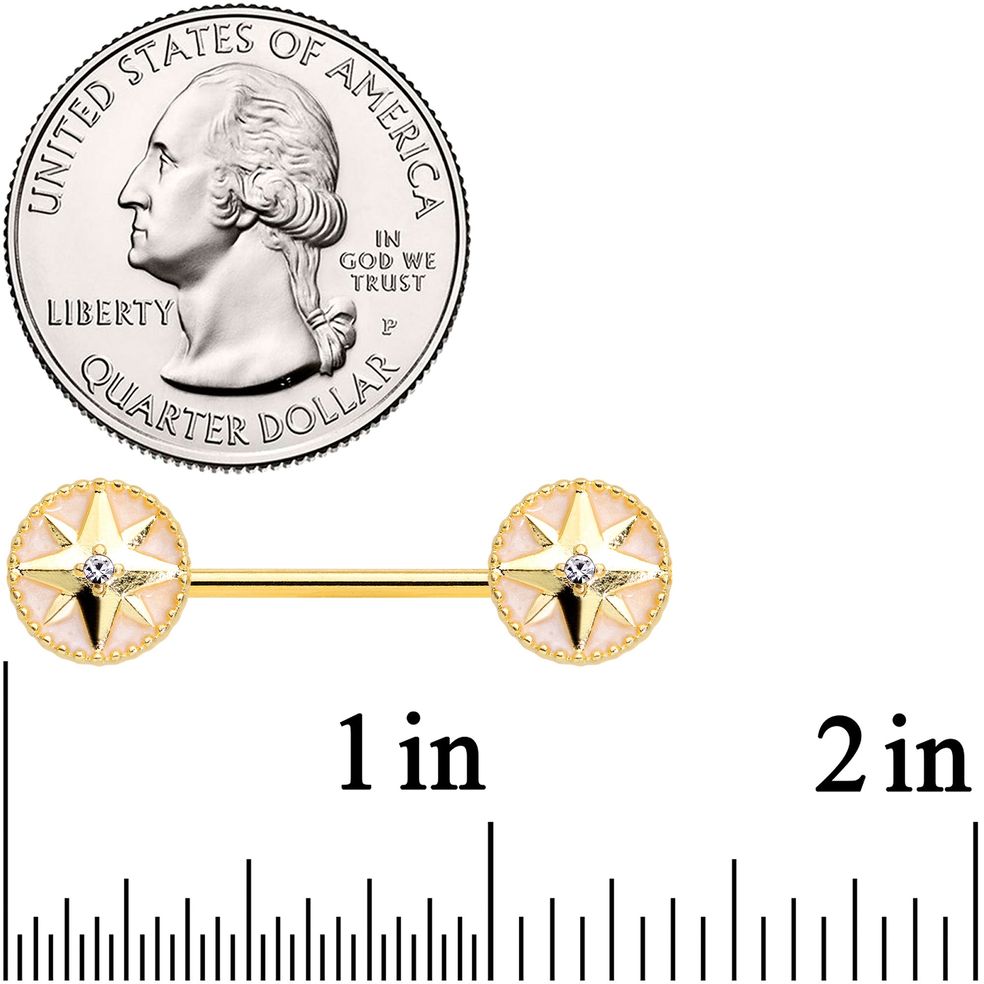 14G 5/8 Clear Gem Gold Tone Sailors Compass Barbell Nipple Ring Set