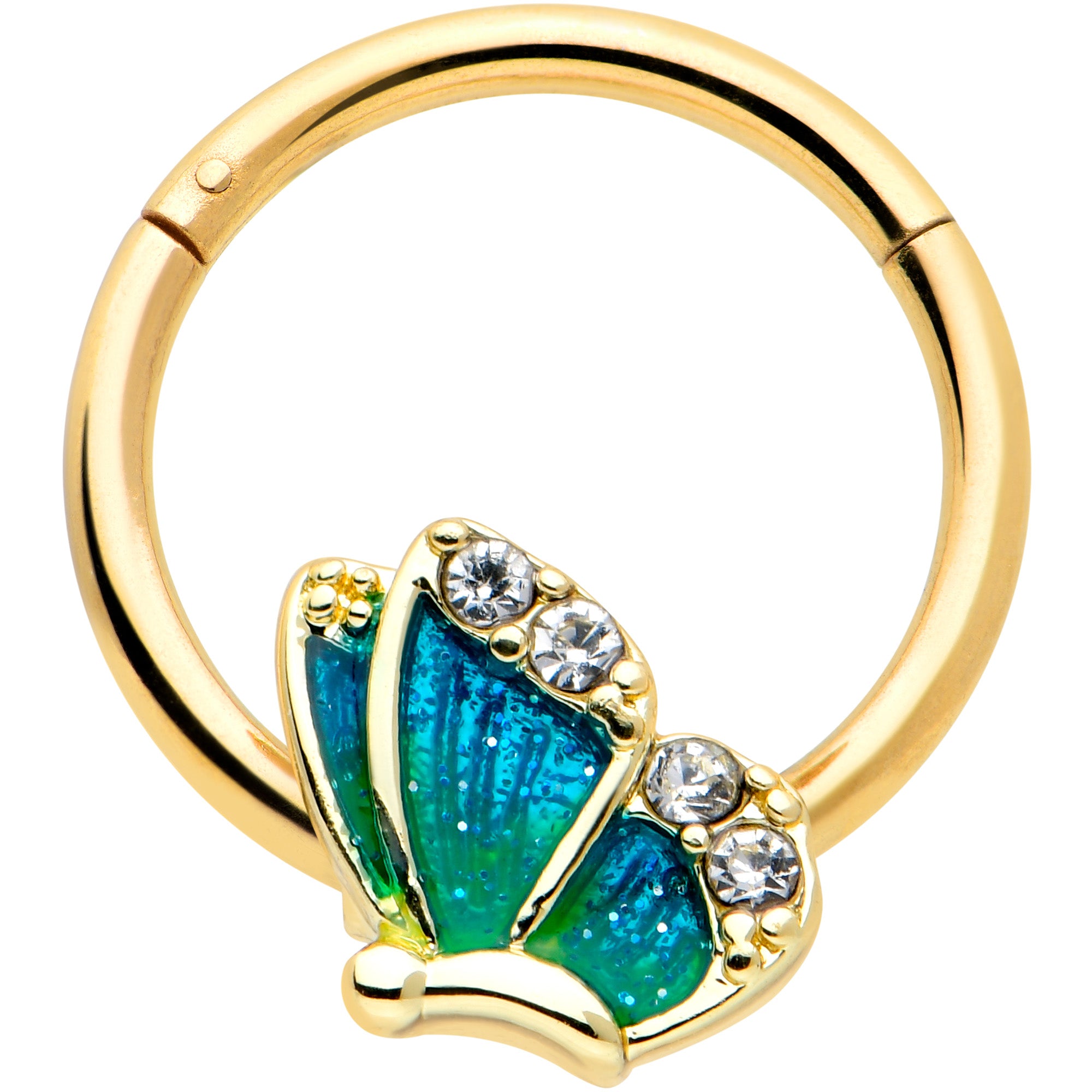 16G 3/8 Clear Gem Gold Tone Blues Butterfly Hinged Segment Ring