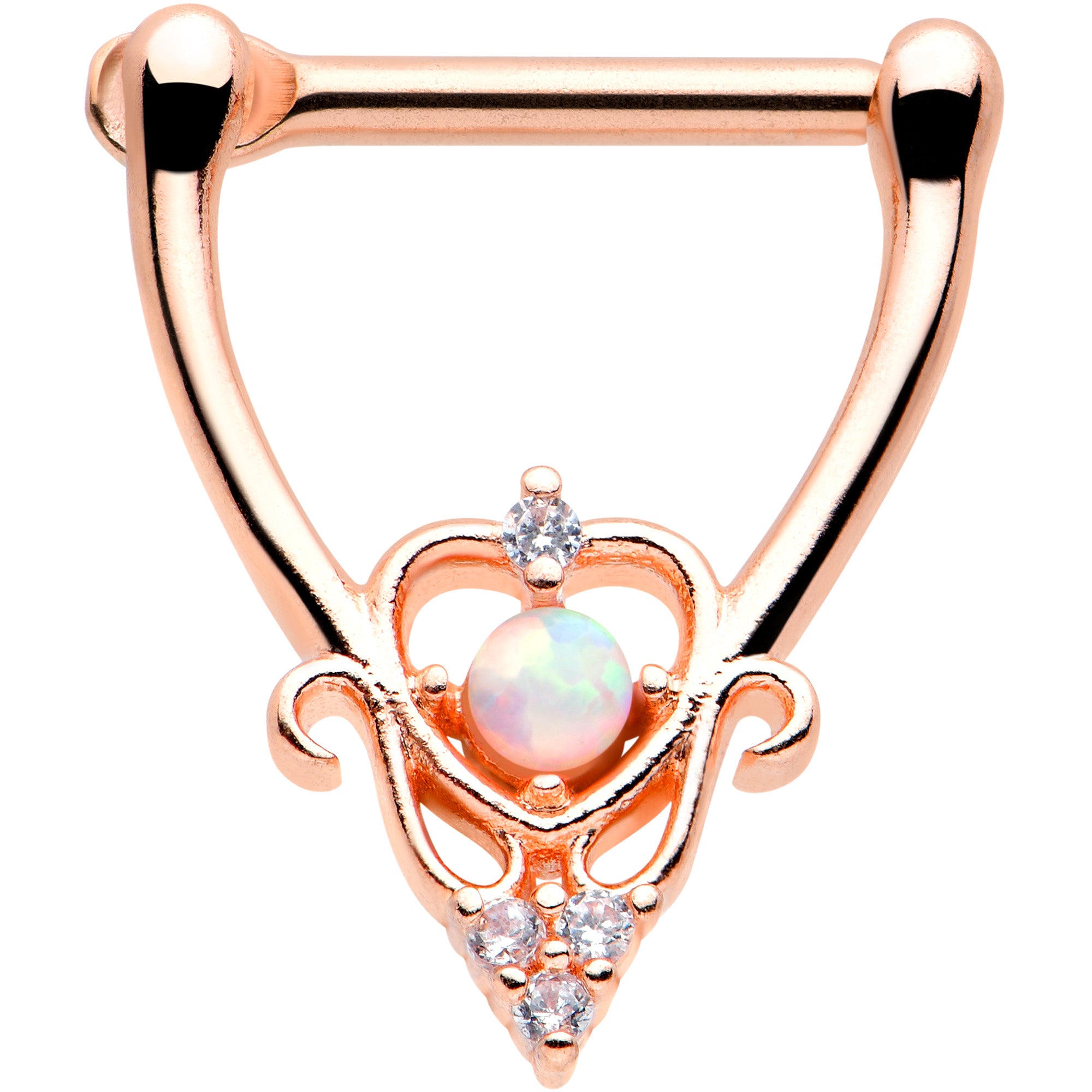 16G 5/16 White Synth Opal Rose Gold Tone Scroll Cartilage Clicker