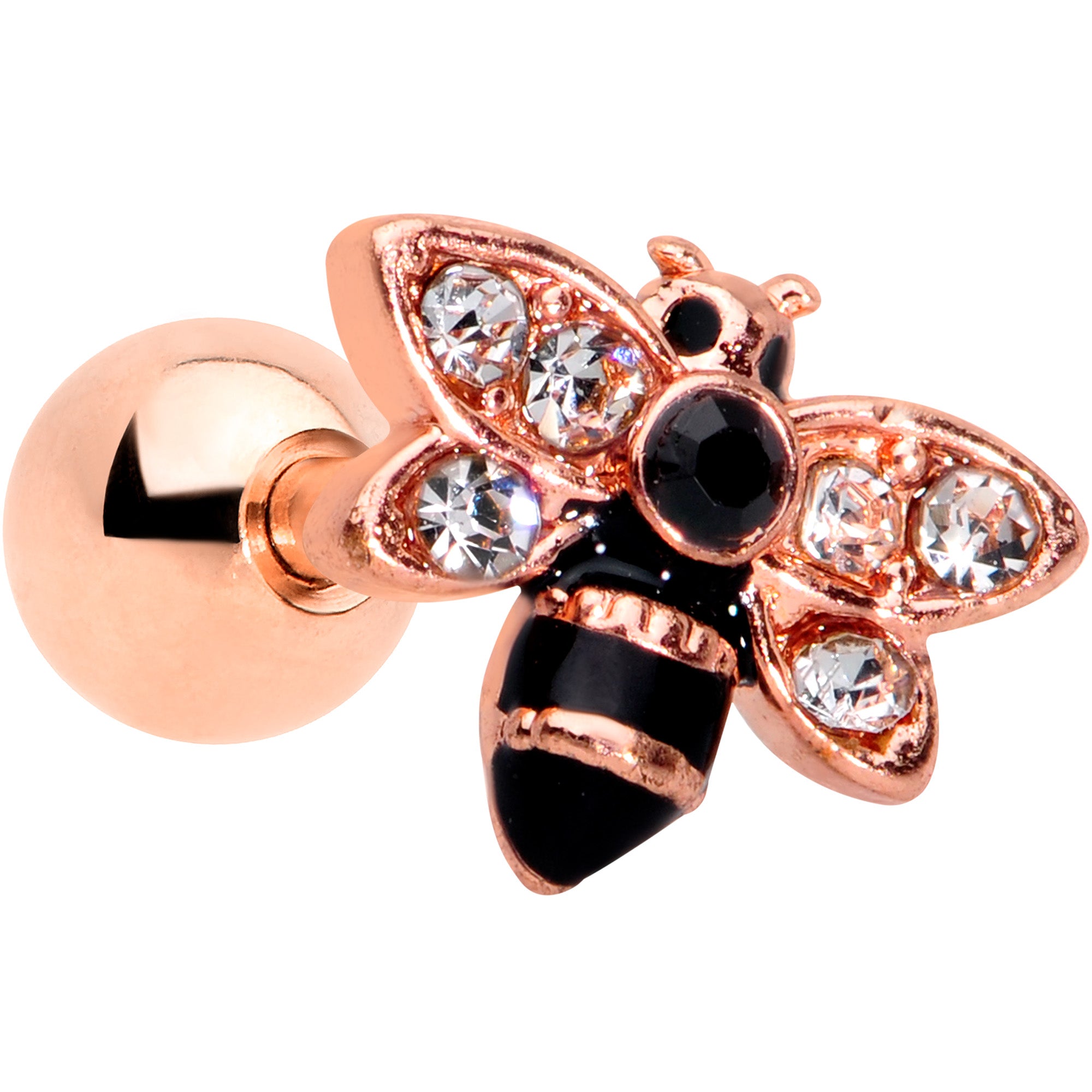 16G 1/4 Clear Black Gem Rose Gold Tone Bee Cartilage Tragus