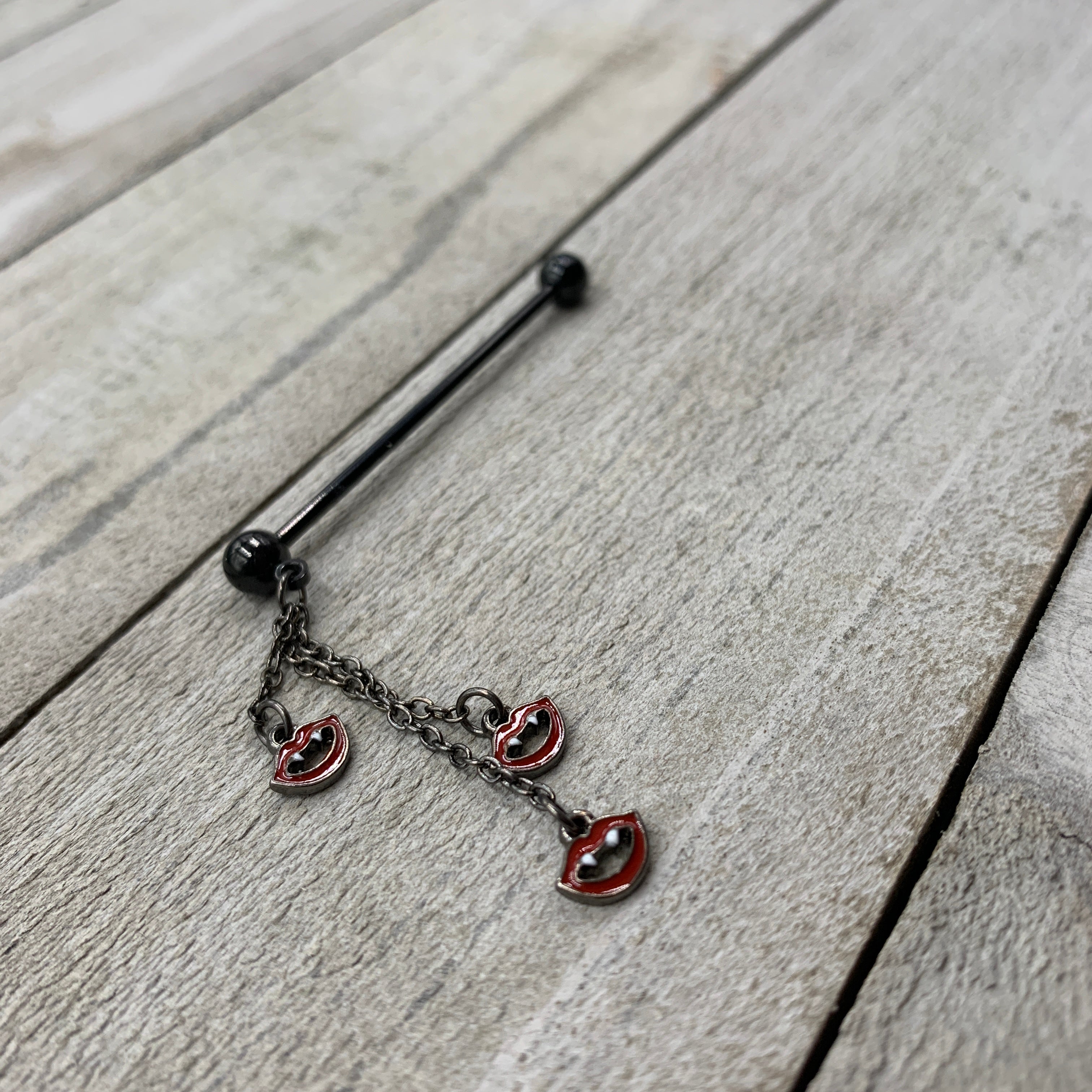 14G Black Vampire Fangs Halloween Dangle Industrial Barbell 38mm