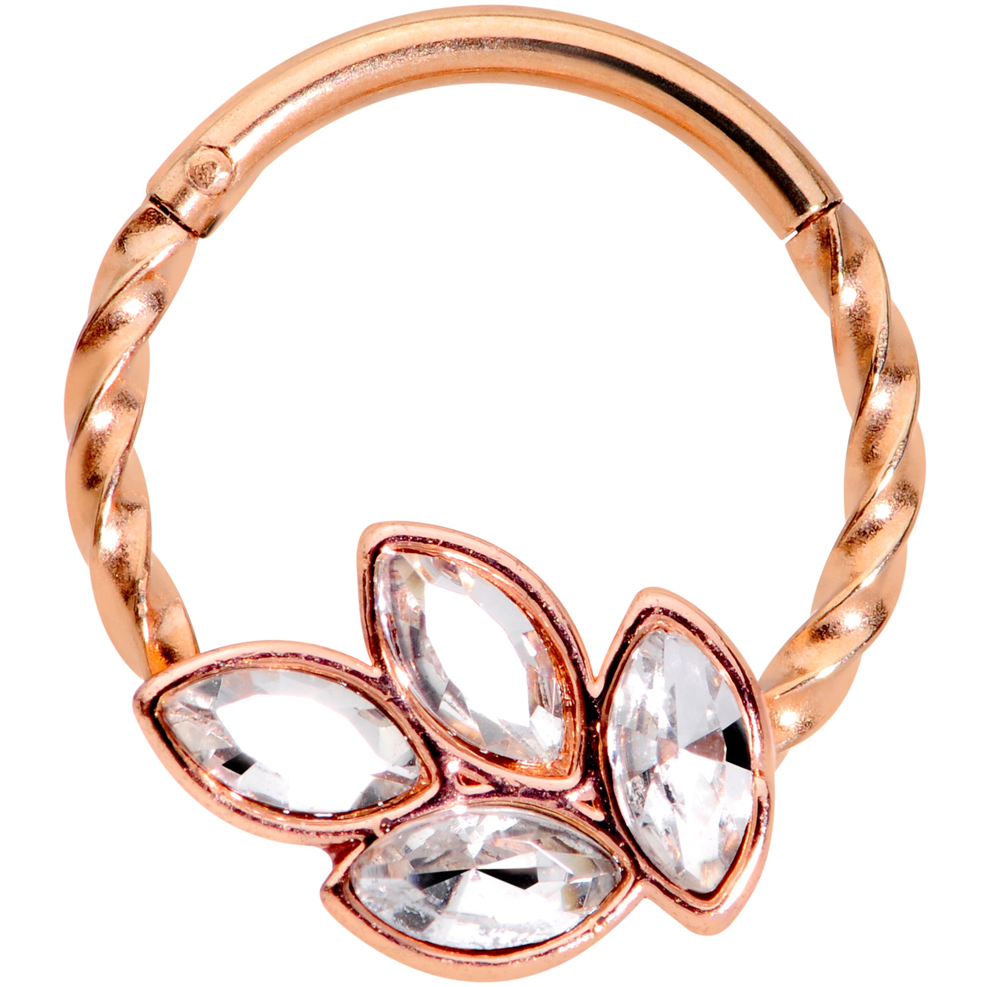 16G 3/8 Clear Gem Rose Gold Tone Oval Twisted Cartilage Clicker