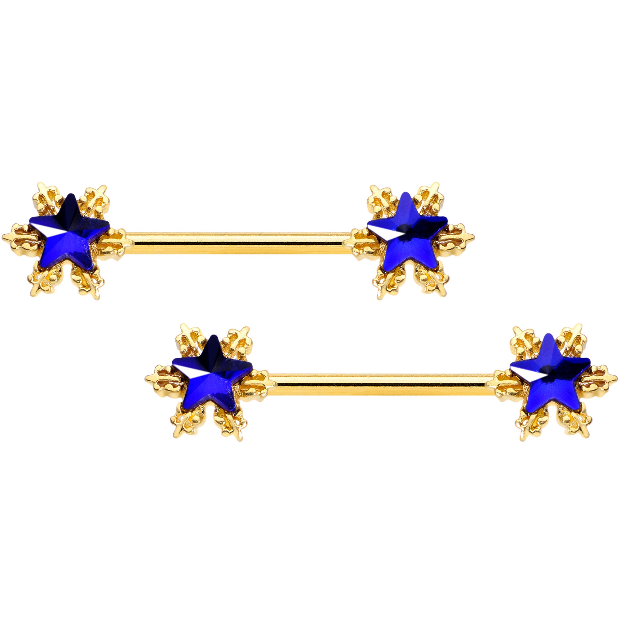 14G 9/16 Blue Gem Gold Tone Stars Barbell Nipple Ring Set