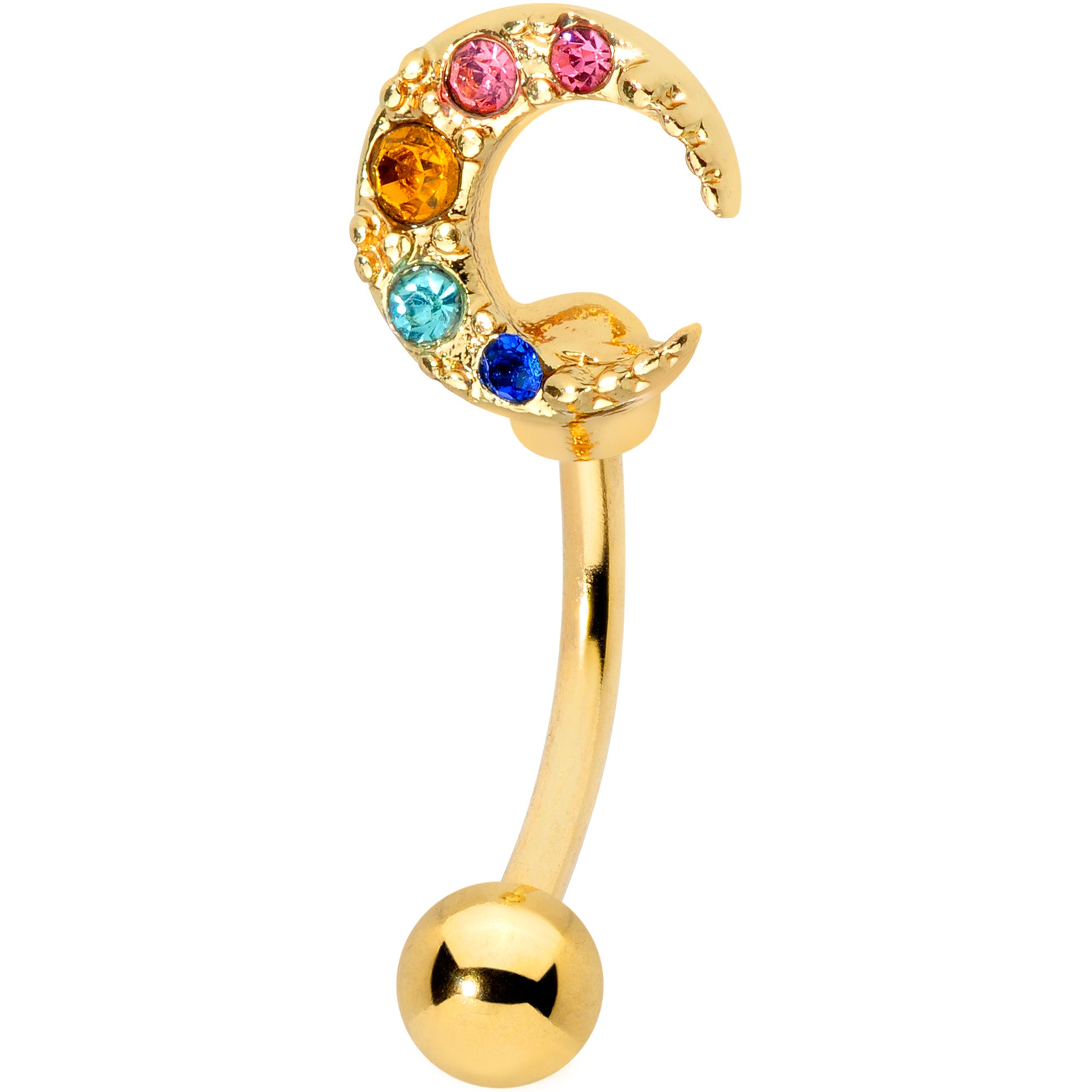 16G 5/16 Rainbow Gem Gold Tone Crescent Moon Curved Eyebrow Ring