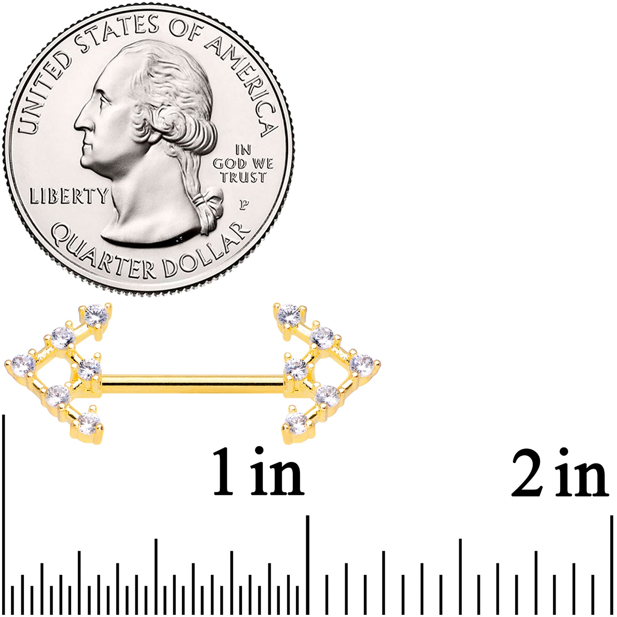 14G 9/16 Clear Gem Gold Tone Arrow Barbell Nipple Ring Set