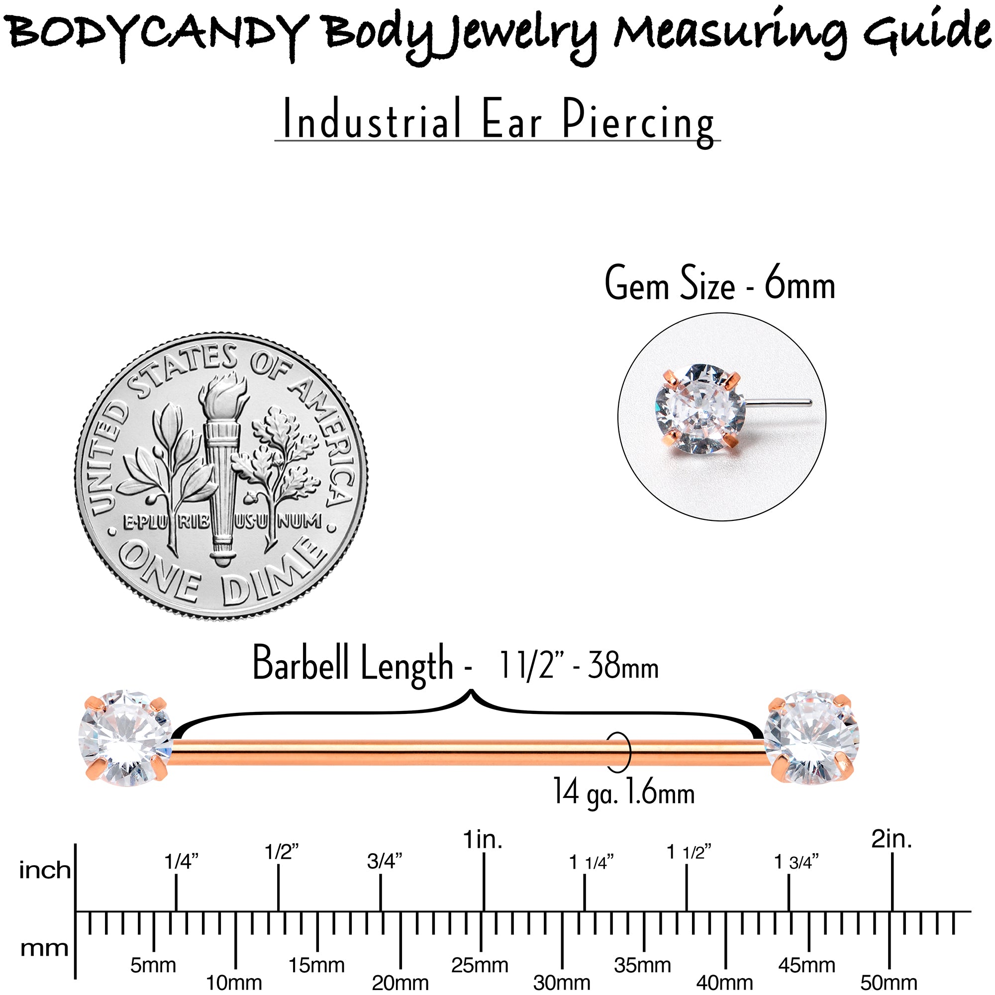 14G Clear CZ Gem Rose Gold Tone Threadless Industrial Barbell 38mm