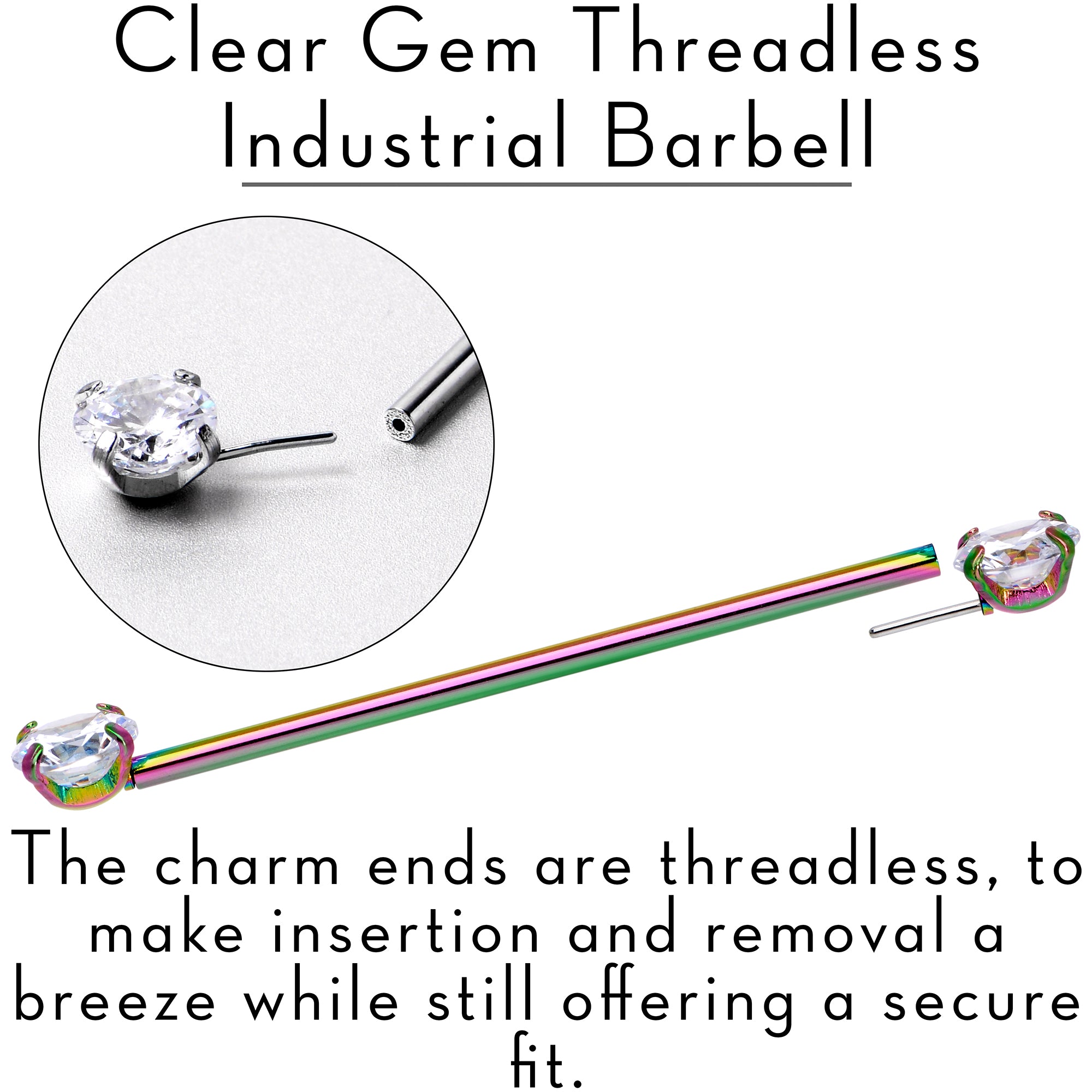 14G Clear CZ Gem Rainbow Threadless Industrial Barbell 38mm