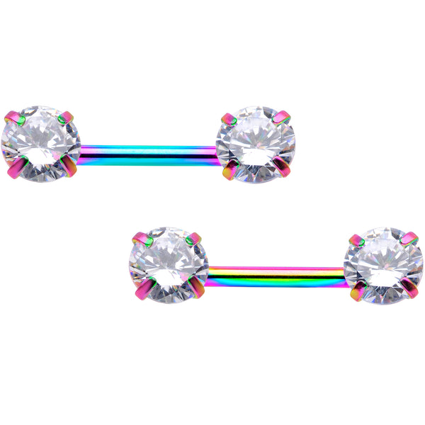 14 Gauge 1/2 Clear CZ Gem Rainbow Threadless Barbell Nipple Ring Set