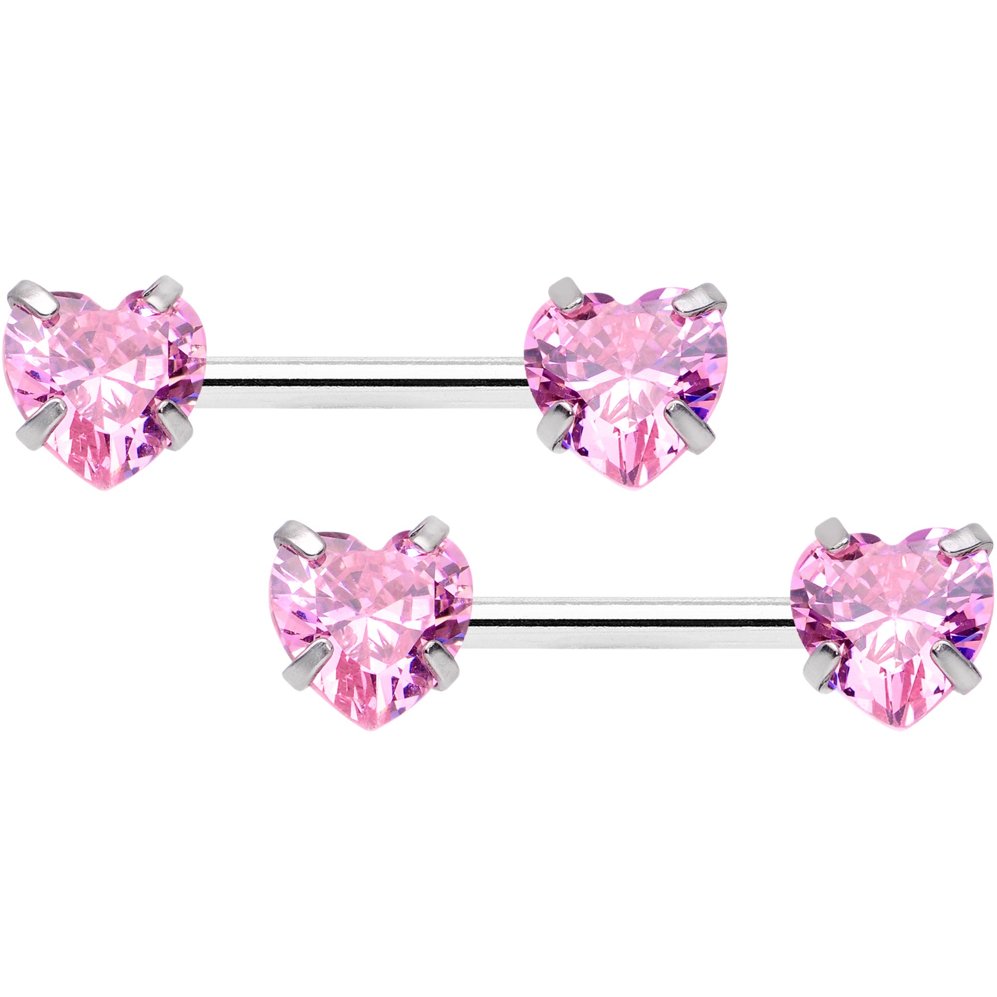 14G 1/2 Pink CZ Gem Heart Threadless Barbell Nipple Ring Set