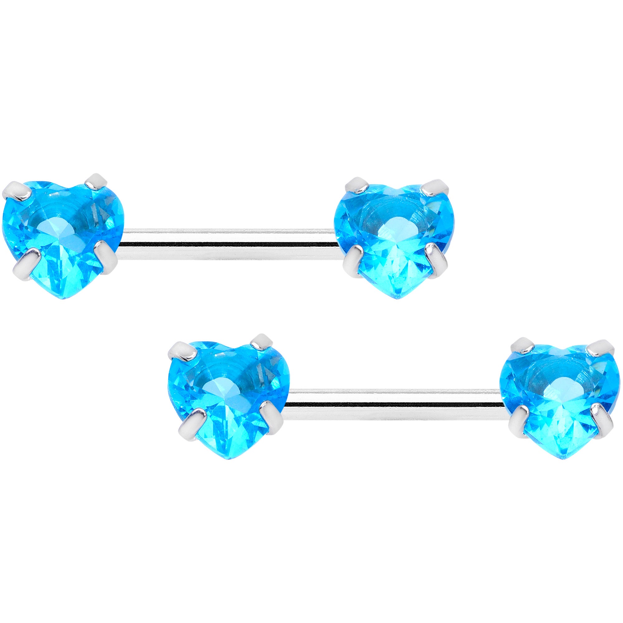 14G 1/2 Aqua CZ Gem Heart Threadless Barbell Nipple Ring Set