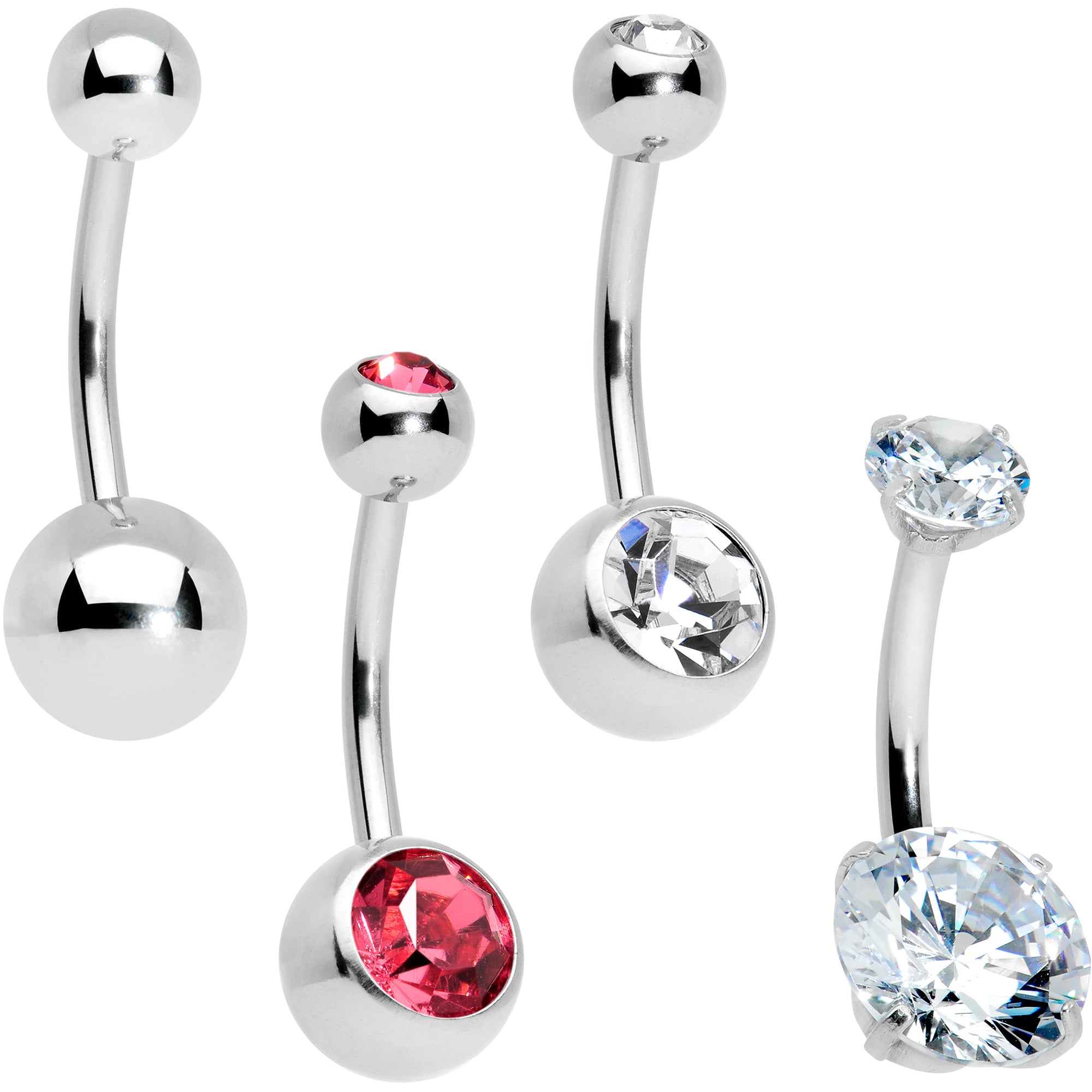 Pink Clear Gem Internally Threaded Simple Belly Ring Set of 4