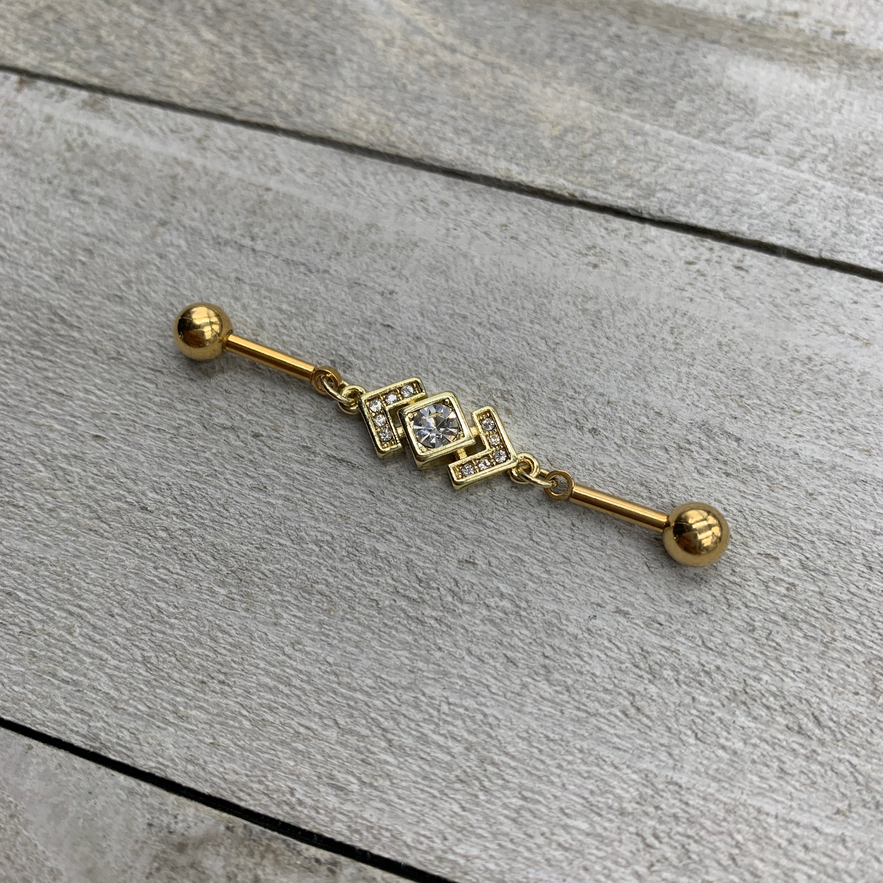 14G Clear Gem Gold Tone Geometric Dangle Industrial Barbell 38mm