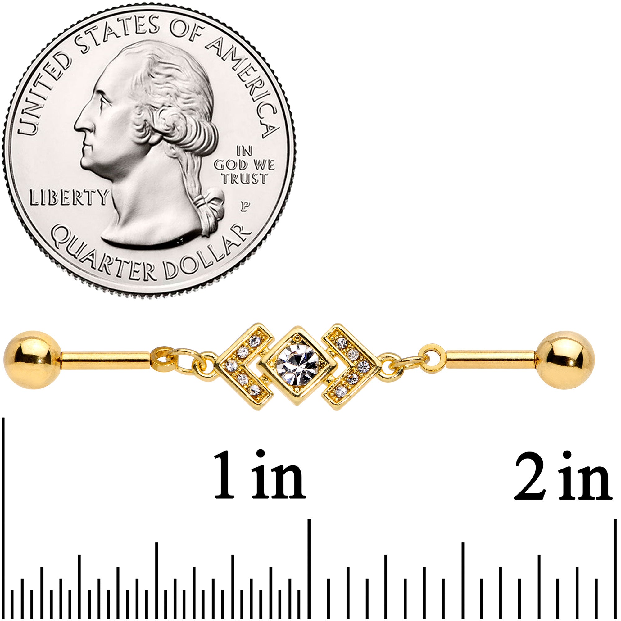 14G Clear Gem Gold Tone Geometric Dangle Industrial Barbell 38mm
