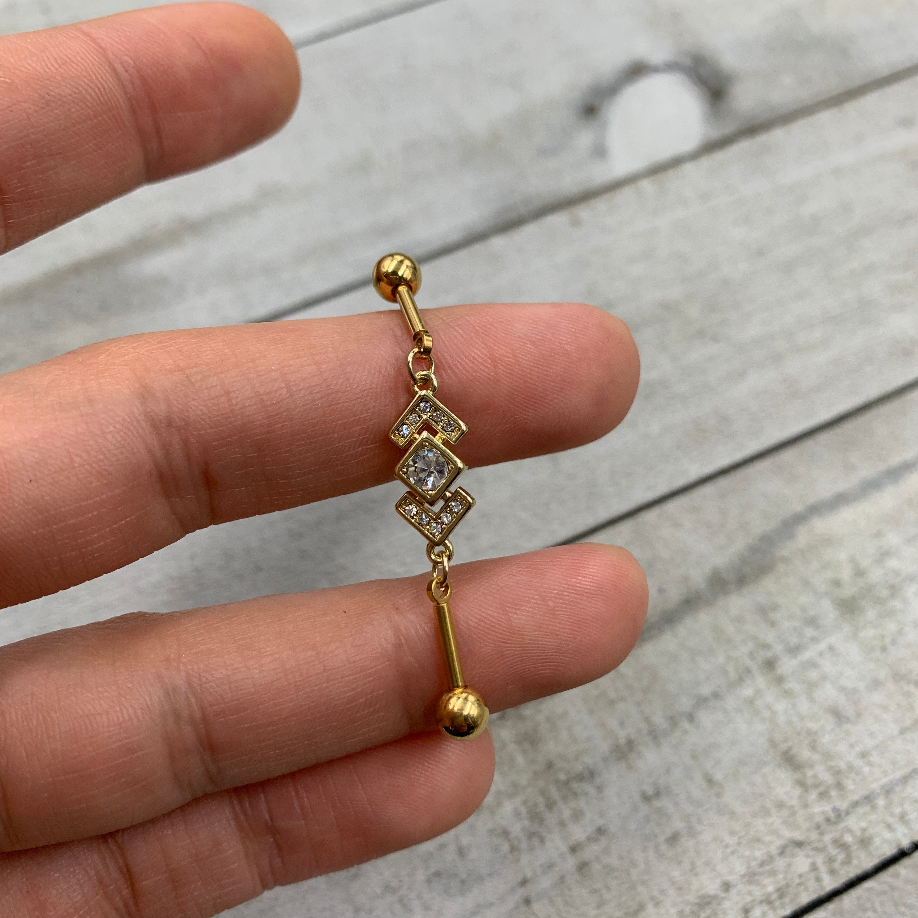 14G Clear Gem Gold Tone Geometric Dangle Industrial Barbell 38mm