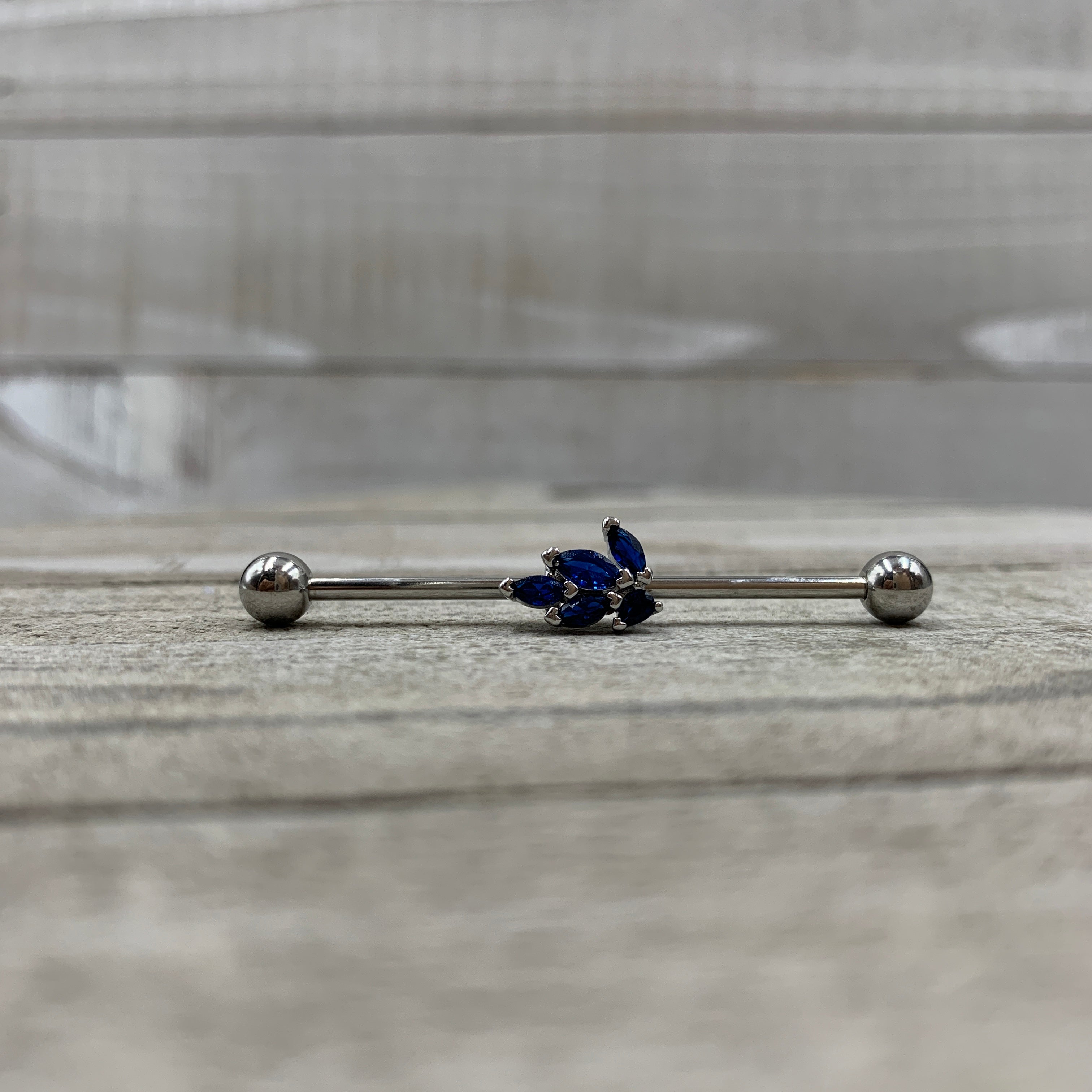 14G Blue Gem Leaf Cluster Industrial Barbell 38mm