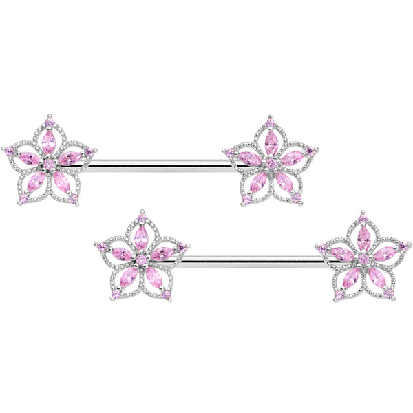 14 Gauge 9/16 Pink CZ Gem Airy Flower Barbell Nipple Ring Set