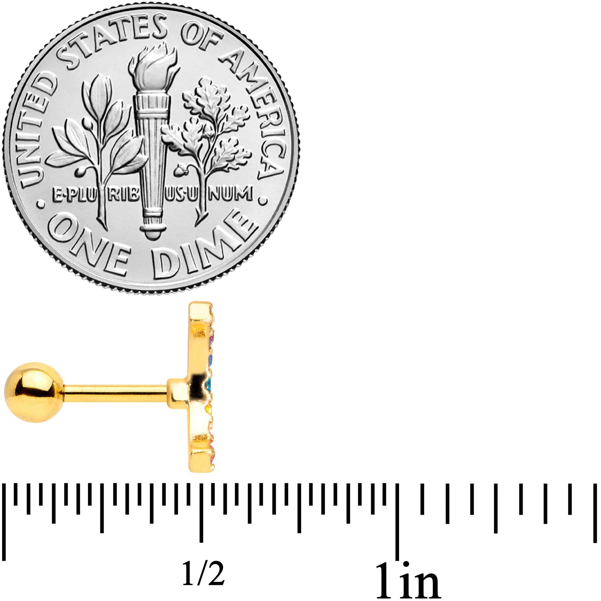 16G 1`/4 Red Blue Gem Gold Tone Rainbow Arc Cartilage Tragus