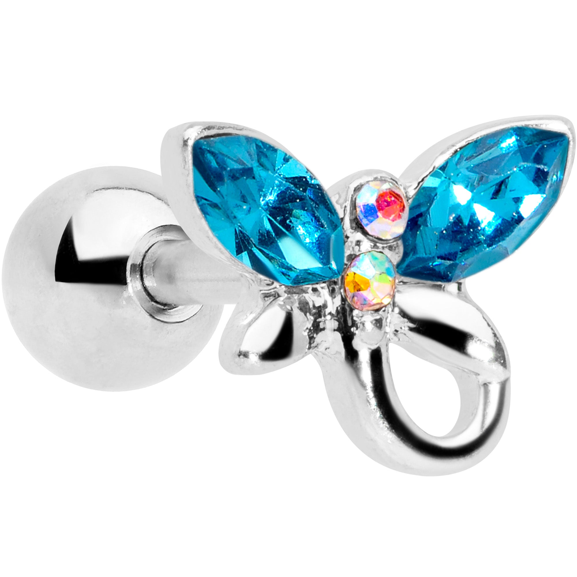 16G 1/4 Clear Aqua Gem Loop Butterfly Cartilage Tragus Earring