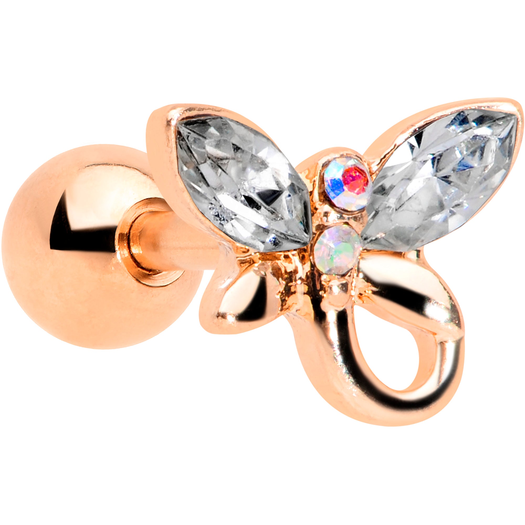 16G 1/4 Clear Gem Rose Gold Tone Loop Butterfly Cartilage Tragus