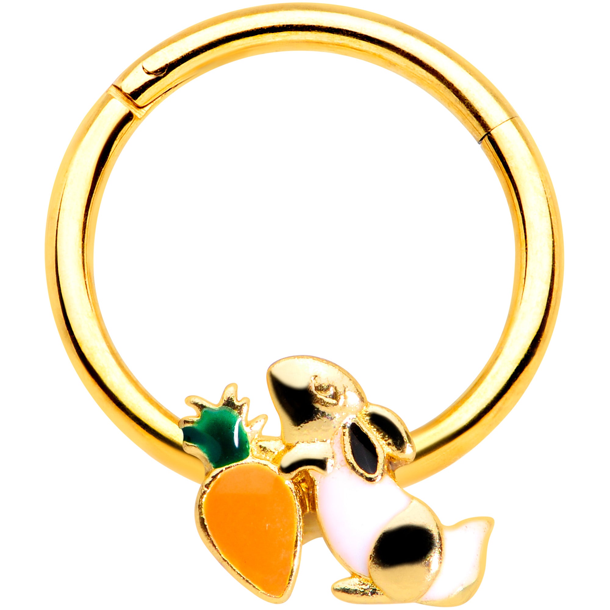 16G 3/8 Gold Tone Bunny Rabbit Carrot Easter Hinged Segment Ring
