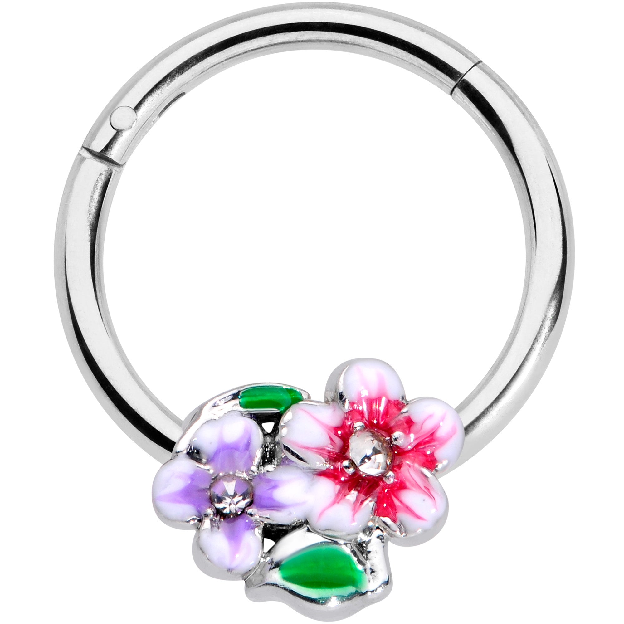 16G 3/8 Clear Gem Fanciful Flowers Hinged Segment Ring