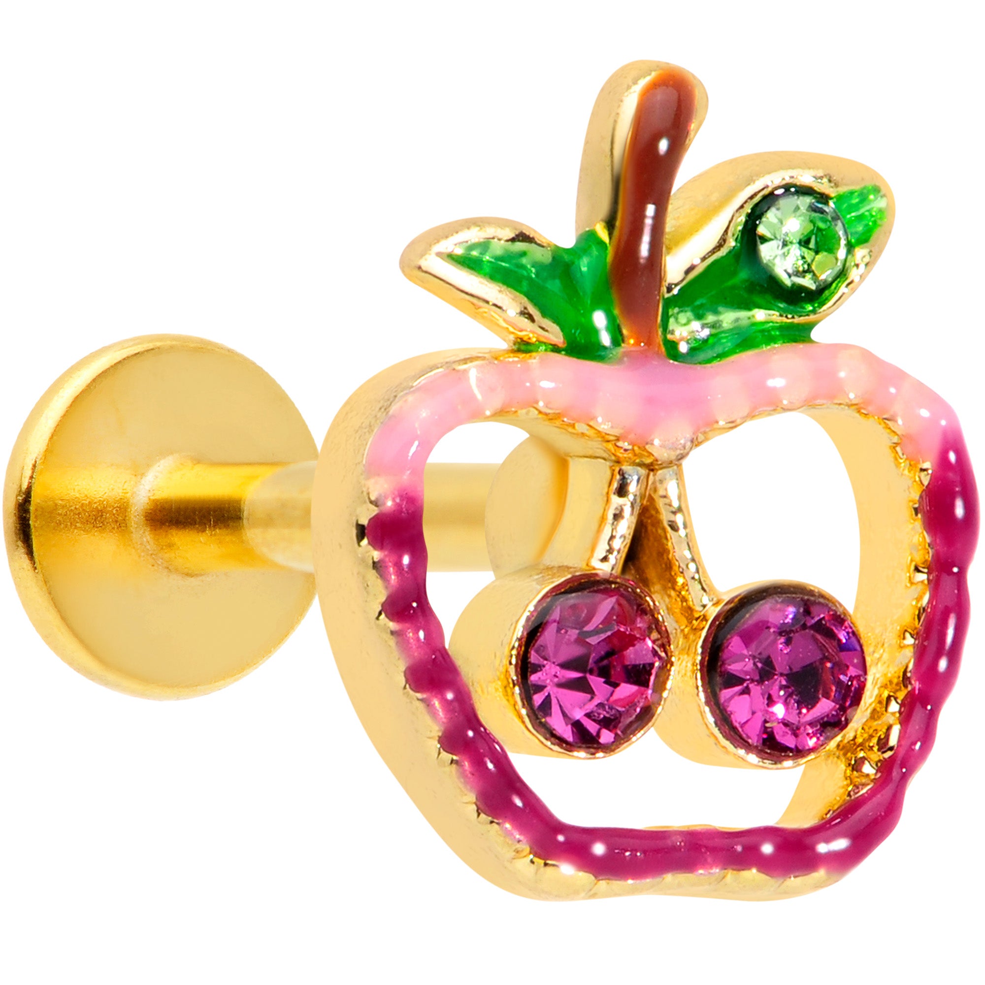 16G 5/16 Purple Pink Gem Gold Tone Cherry Apple Labret Tragus