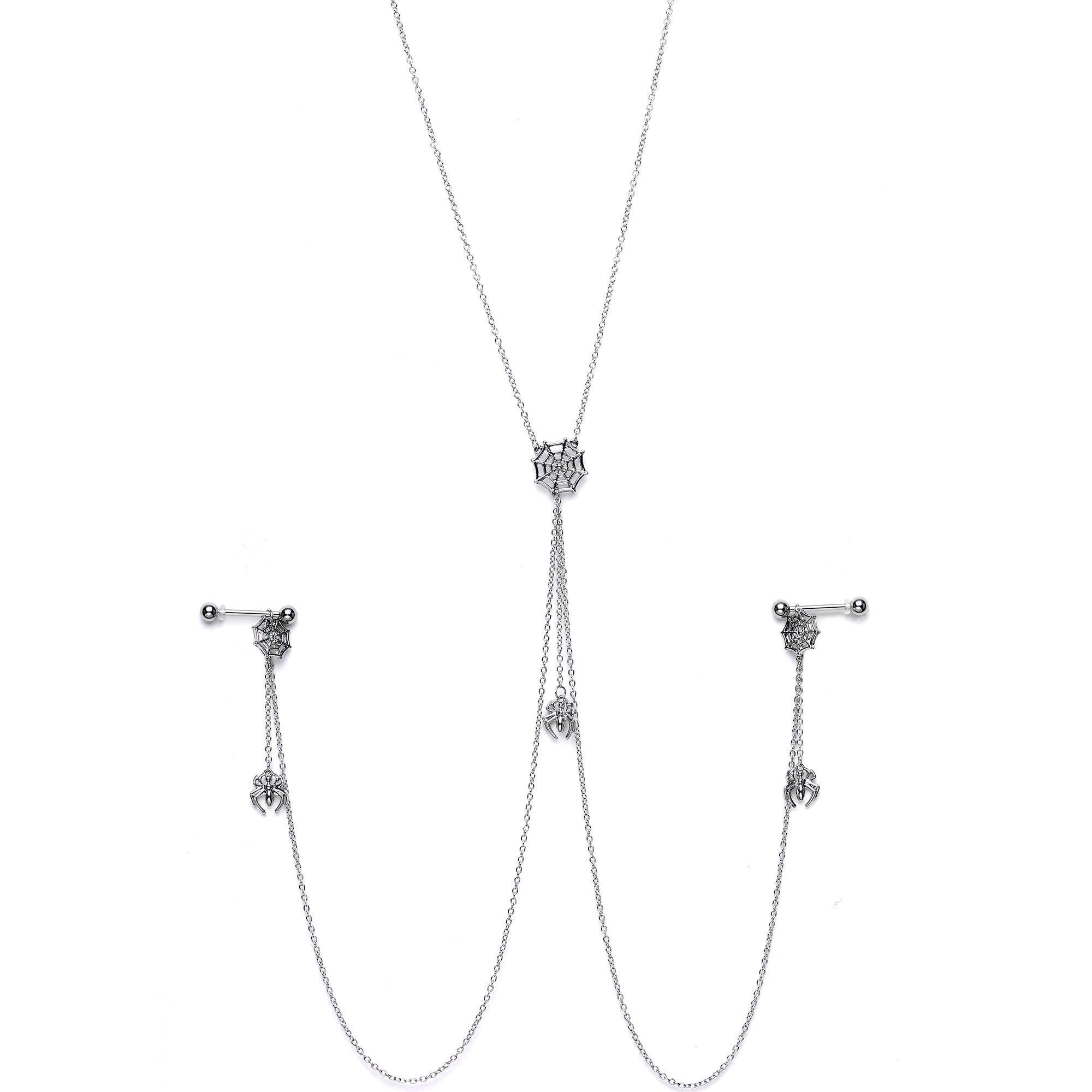 14G 9/16 Creepy Crawly Spider Web Halloween Nipple Chain Necklace