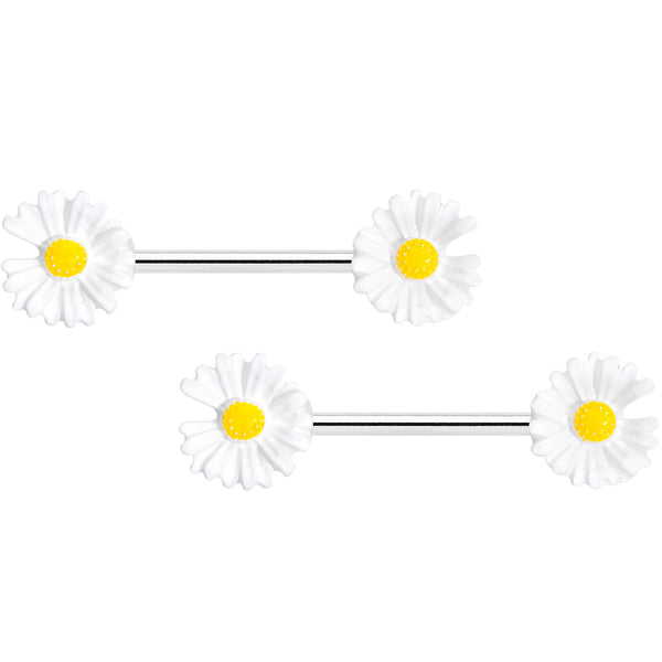 14 Gauge 5/8 White Flower Barbell Nipple Ring Set