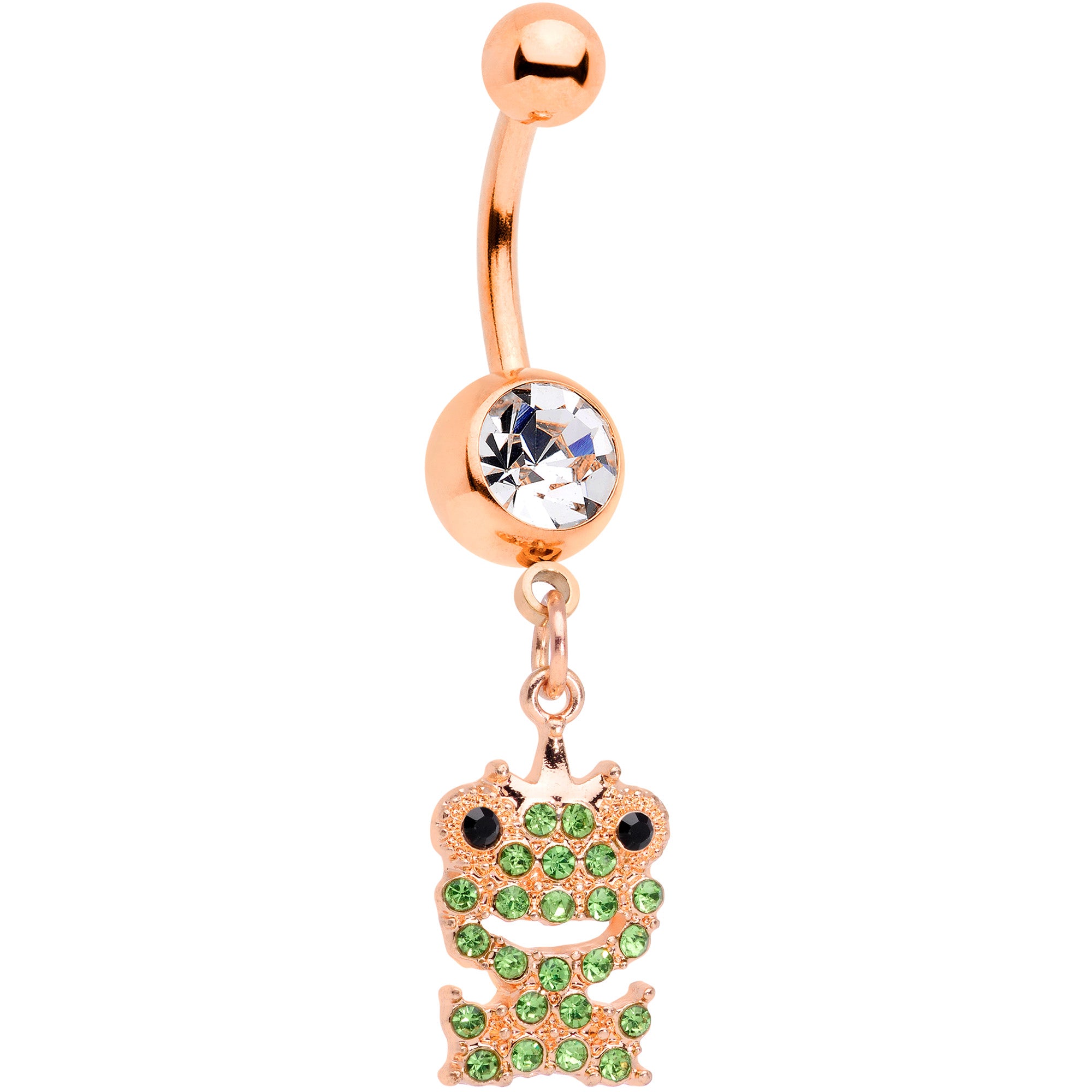 Clear Green Gem Rose Gold Tone Royal Frog Dangle Belly Ring