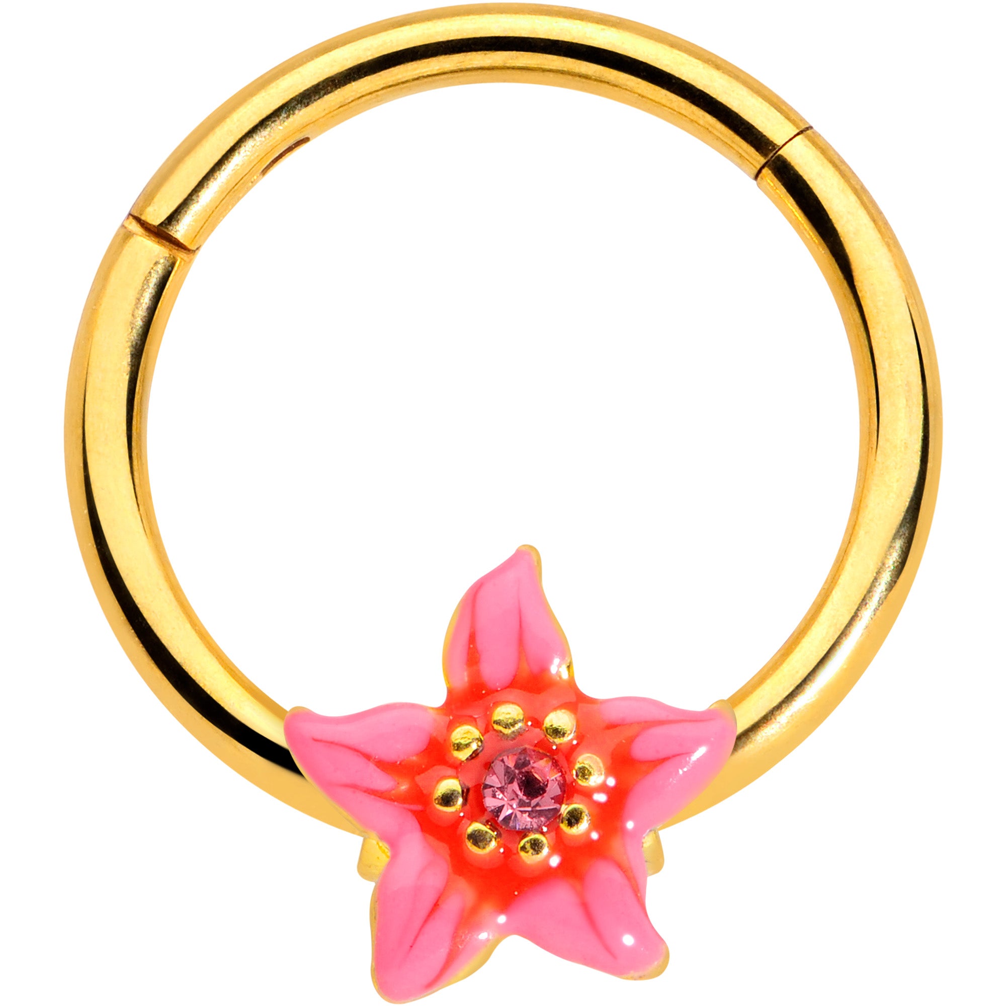 16G 3/8 Pink Gem Gold Tone Exotic Floral Star Hinged Segment Ring