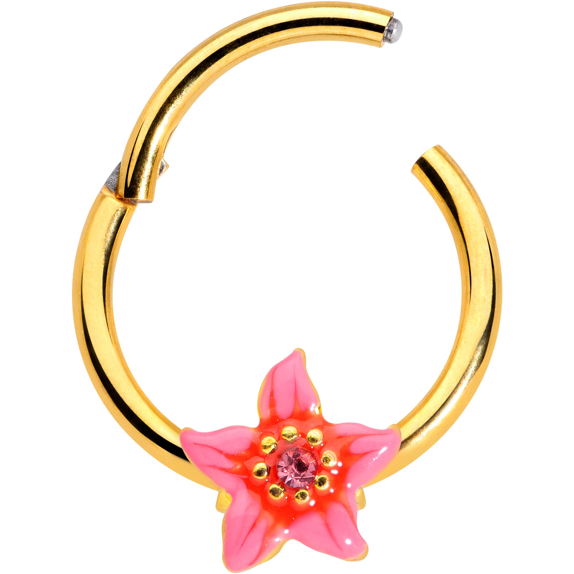 16G 3/8 Pink Gem Gold Tone Exotic Floral Star Hinged Segment Ring