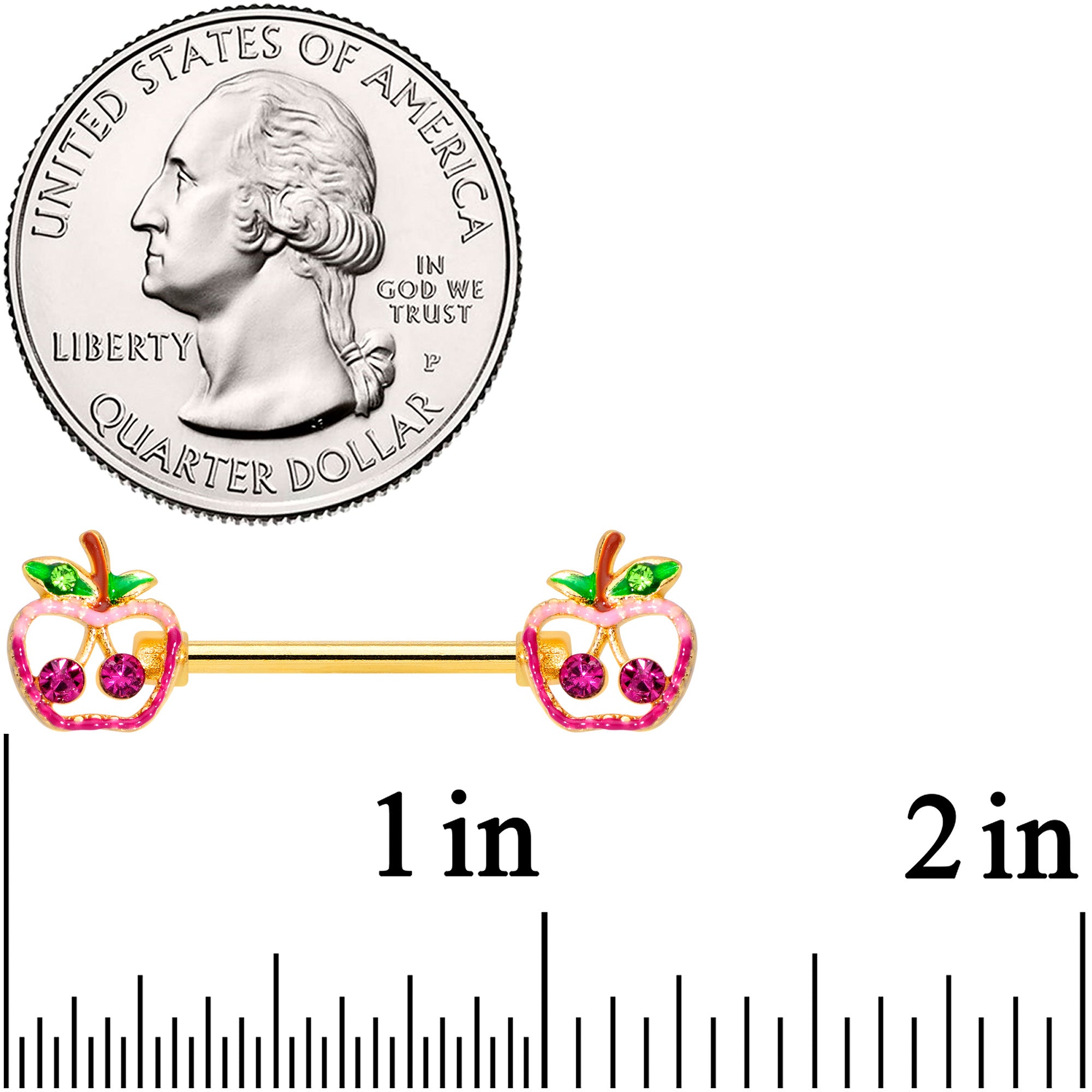 14G 5/8 Green Purple Gem Gold Tone Cherry Apple Nipple Ring Set