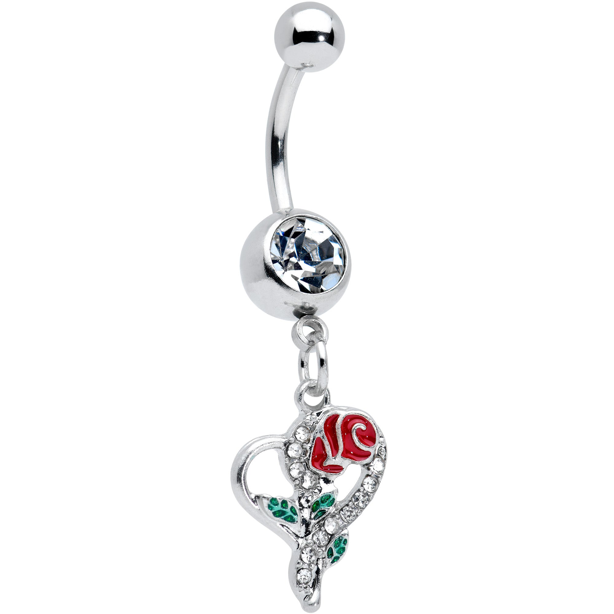 Clear Gem Open Heart Rose Valentines Day Dangle Belly Ring